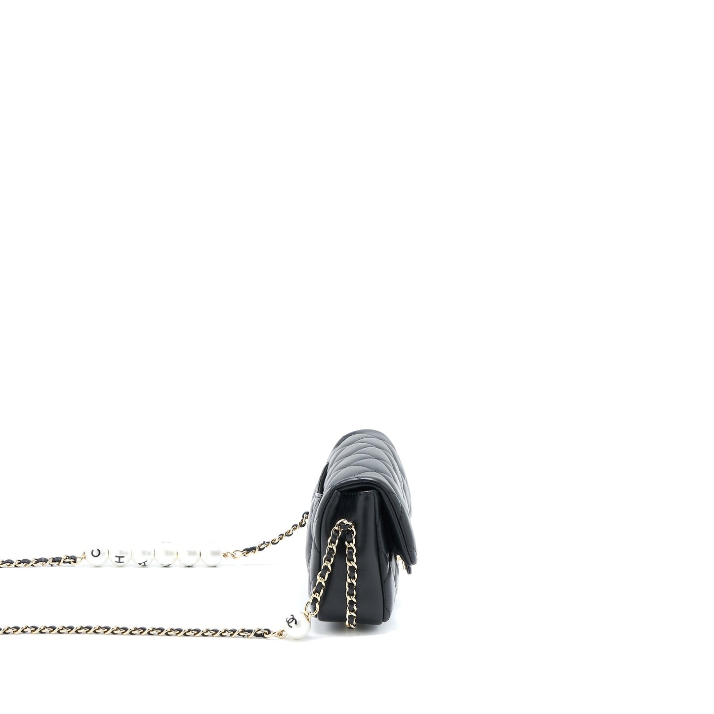 Chanel Pearl Chain Flap Bag Quilted Lambskin Black L