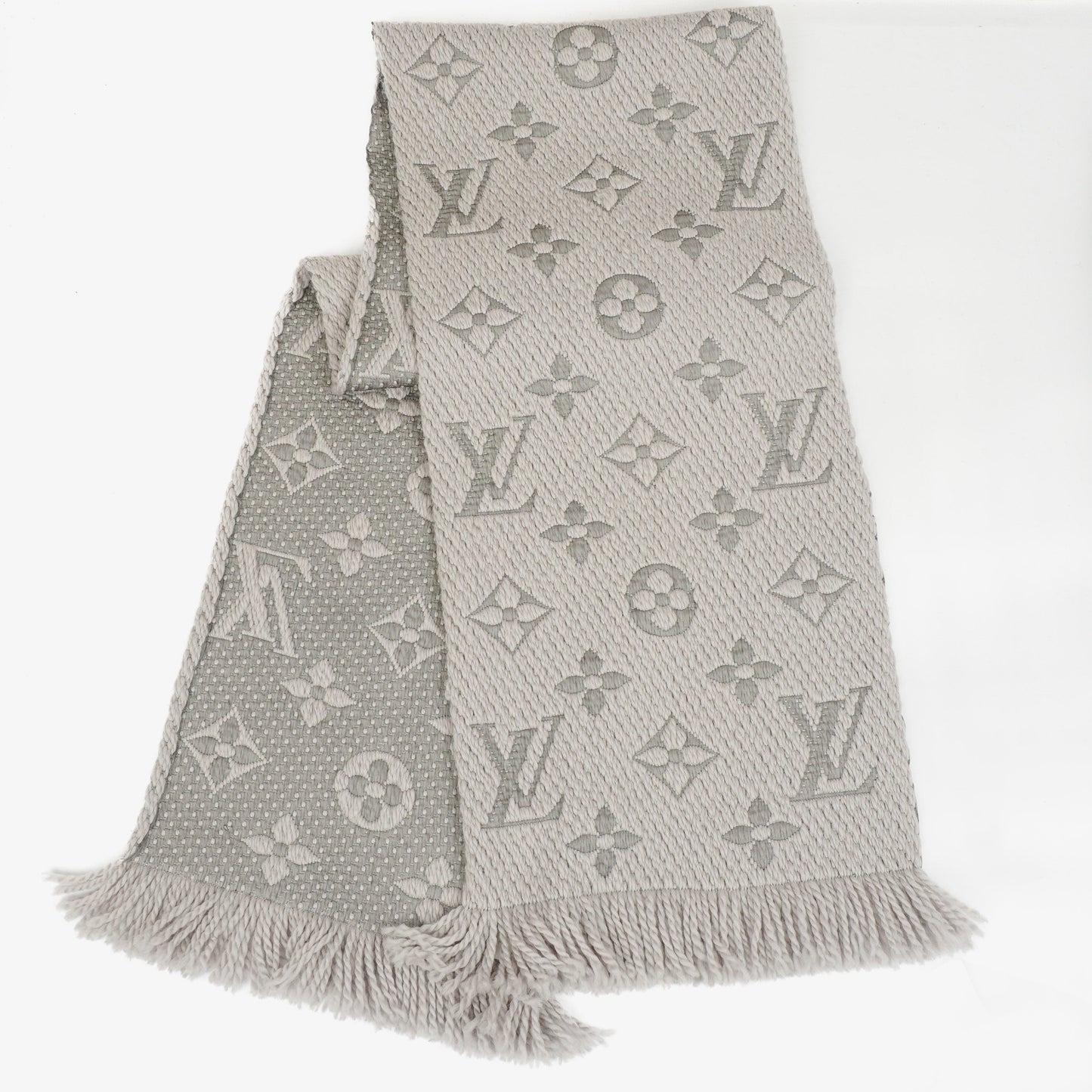 Louis Vuitton Wool Silk Logomania Scarf in Pearl Grey