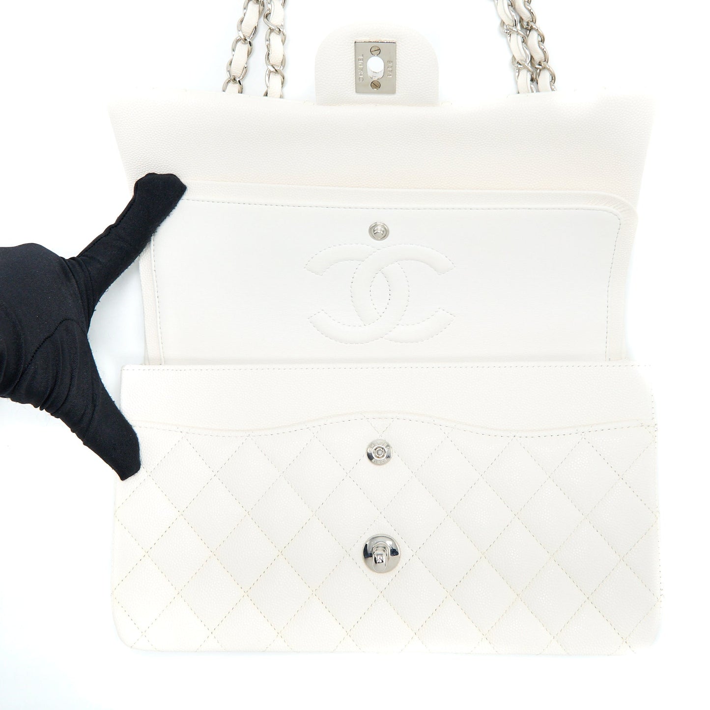 Chanel Medium Classic Double Flap Bag Caviar White  (Microchip)