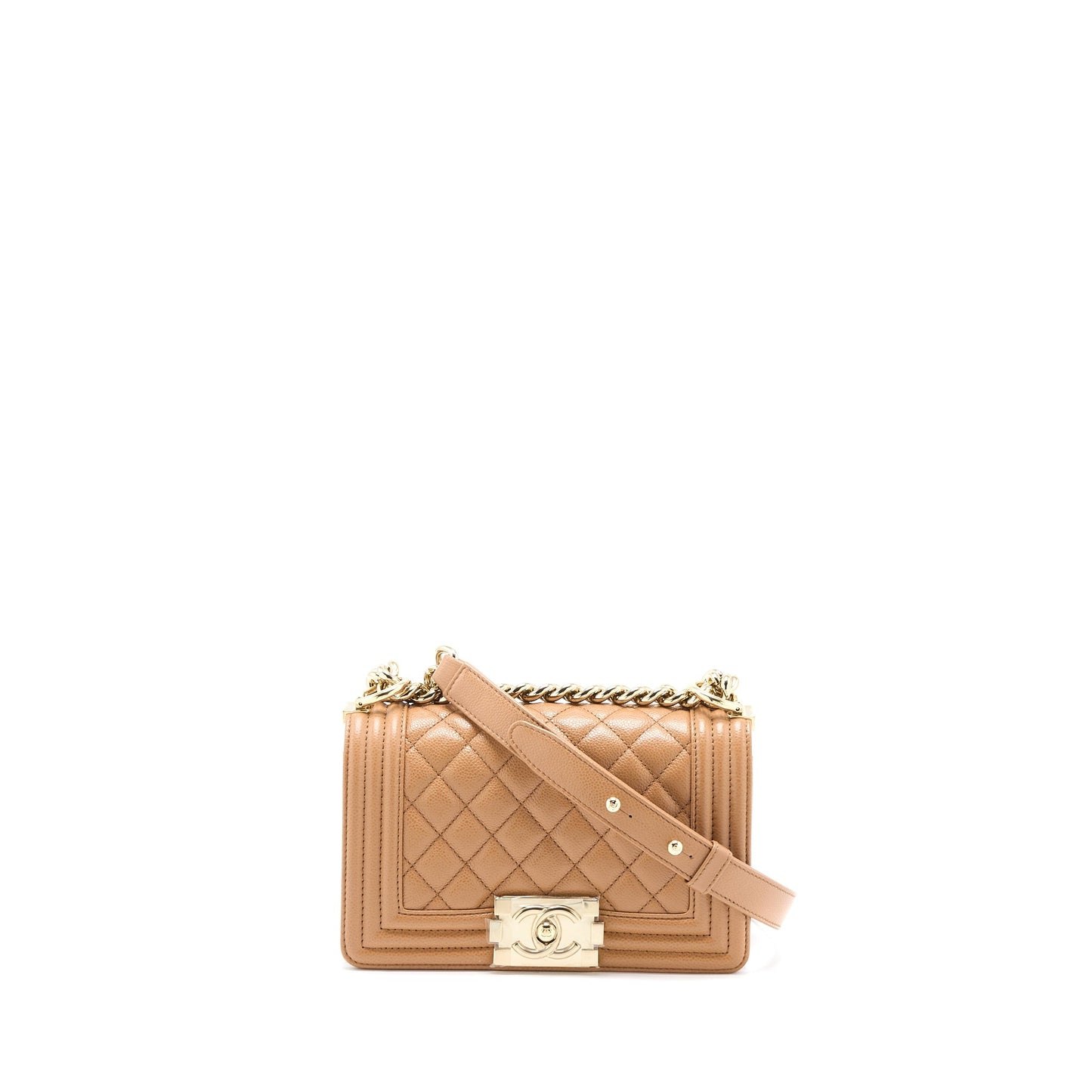 Chanel 21K Small Boy Bag Caviar Camel L (Microchip)
