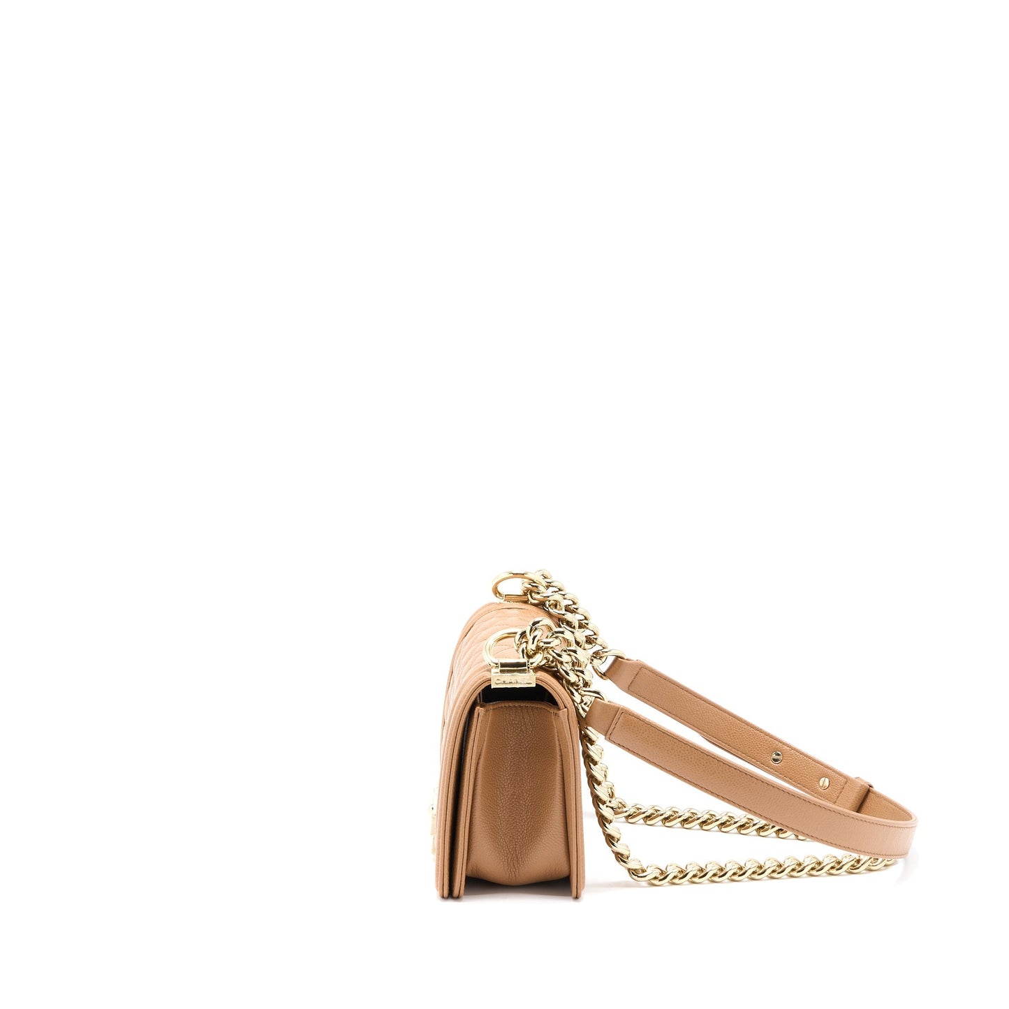 Chanel 21K Small Boy Bag Caviar Camel L (Microchip)