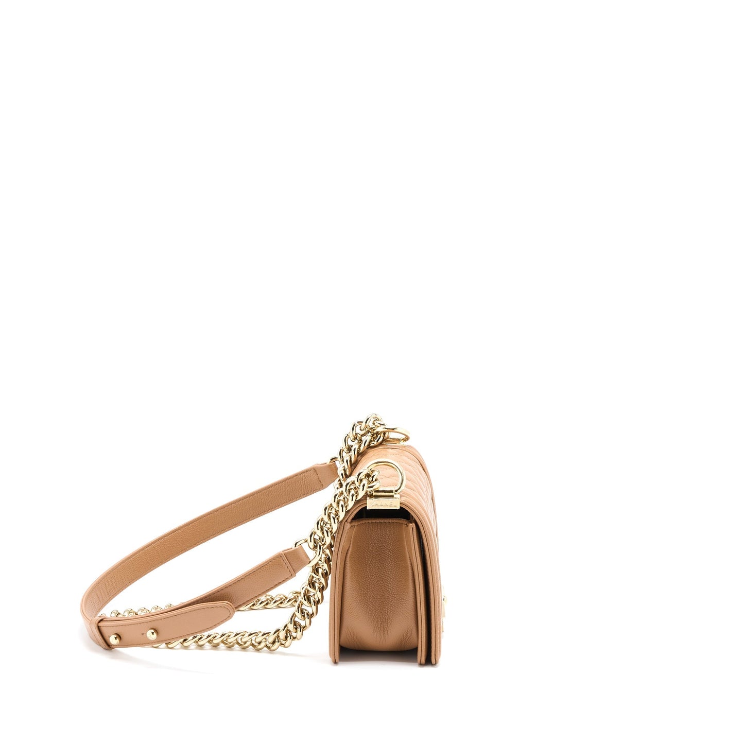 Chanel 21K Small Boy Bag Caviar Camel L (Microchip)