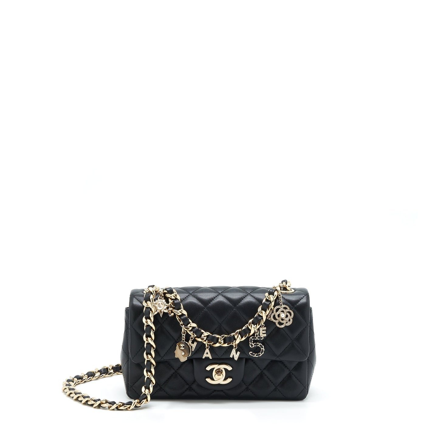 Chanel Mini Rectangular Flap Bag With Bag Charms Giant Chains Lambskin Black
