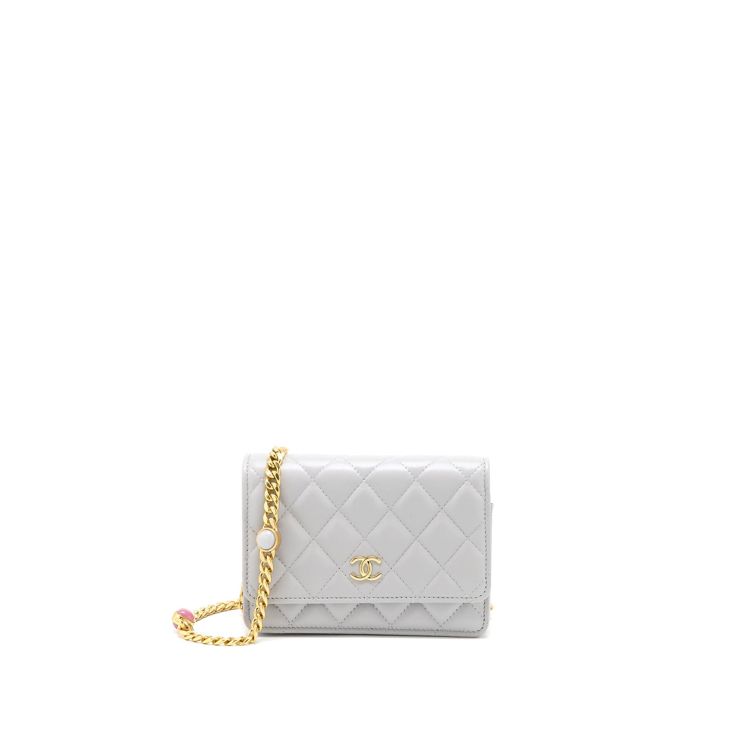 Chanel Mini Square Wallet on Chain with Gem Chains Lambskin Light Grey L