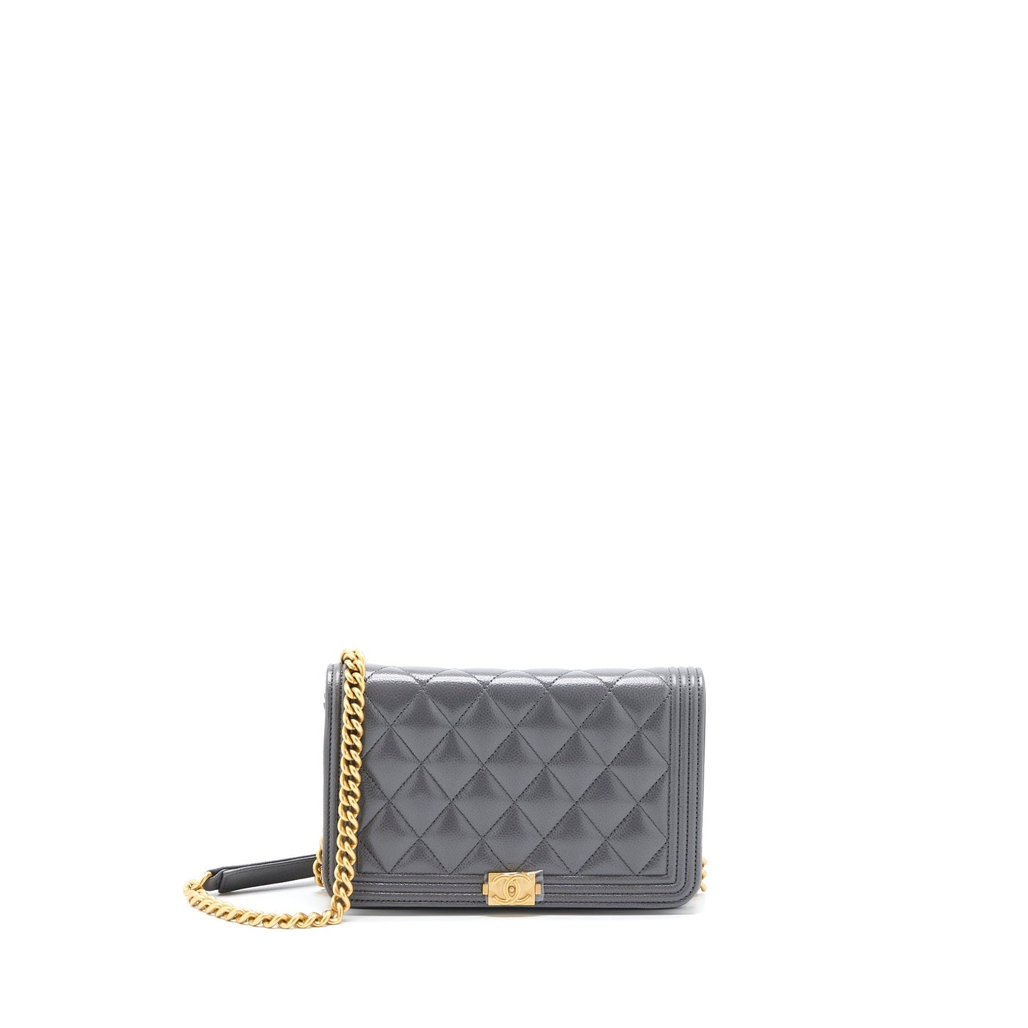 Chanel 22A Boy Wallet On Chain Grained Calfskin Dark Grey Brushed  (Microchip)