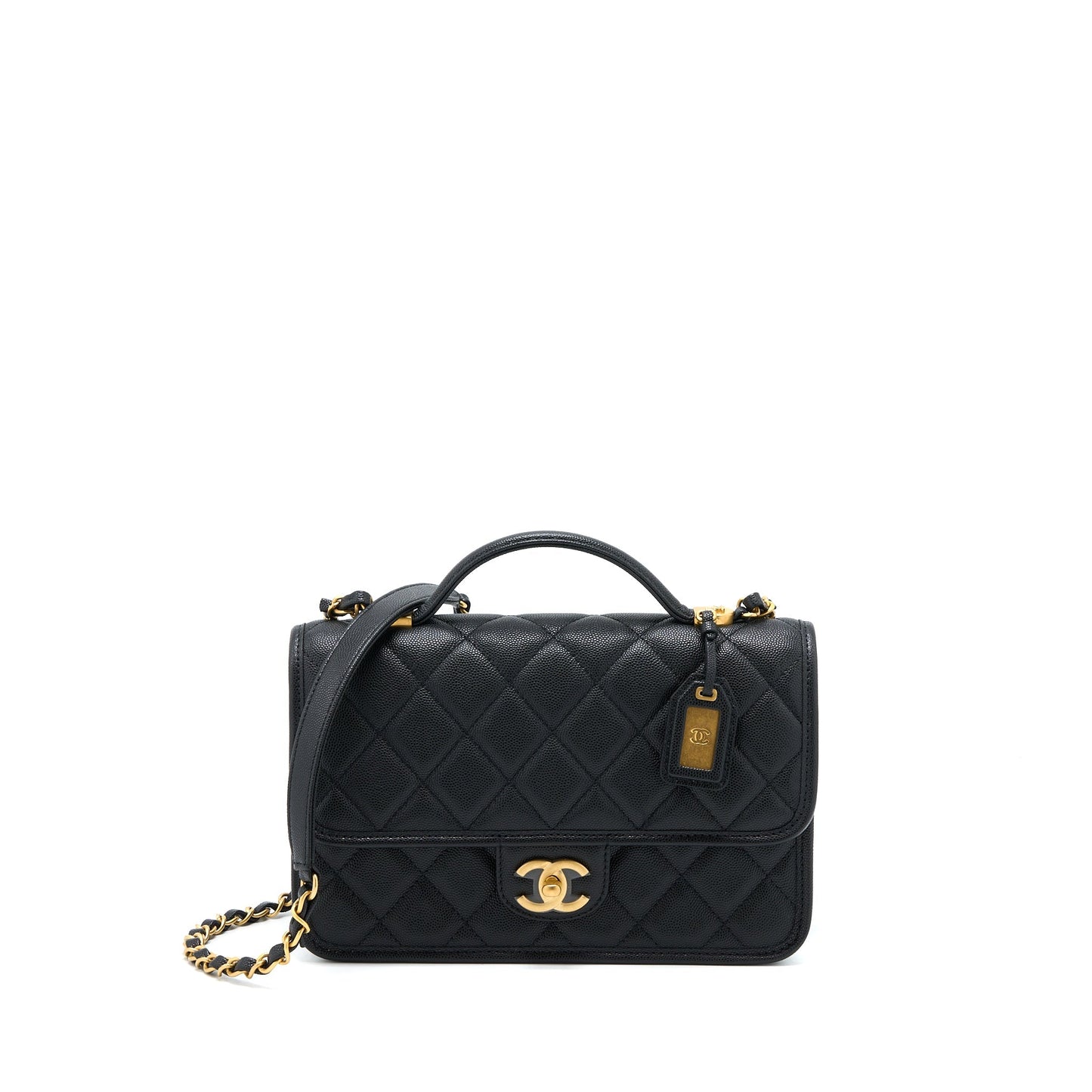 Chanel 22K Top Handle Messenger Bag Caviar Black Brushed  (Microchip)