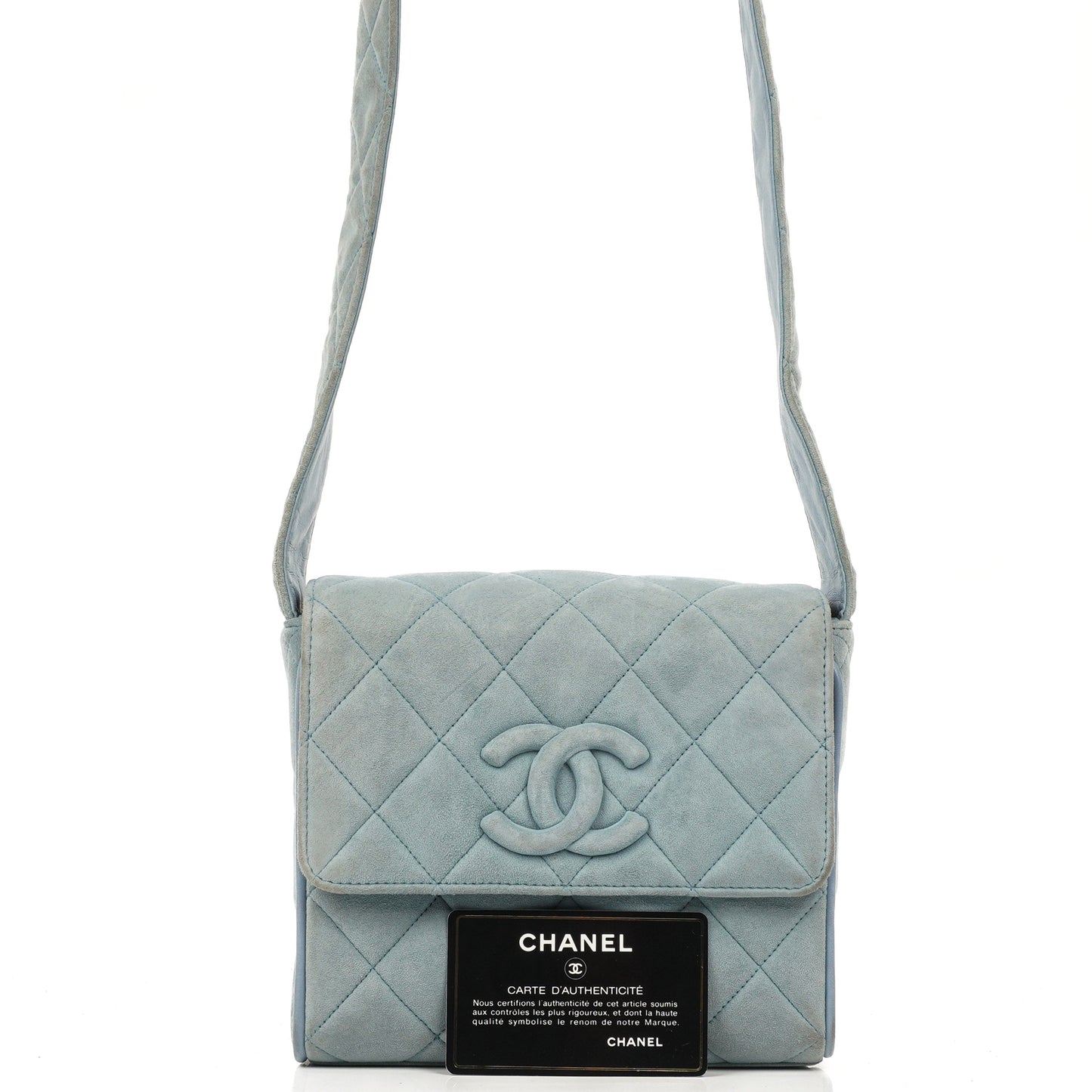 Chanel Small CC Flap Crossbody Bag In Light Blue Quilted Suede