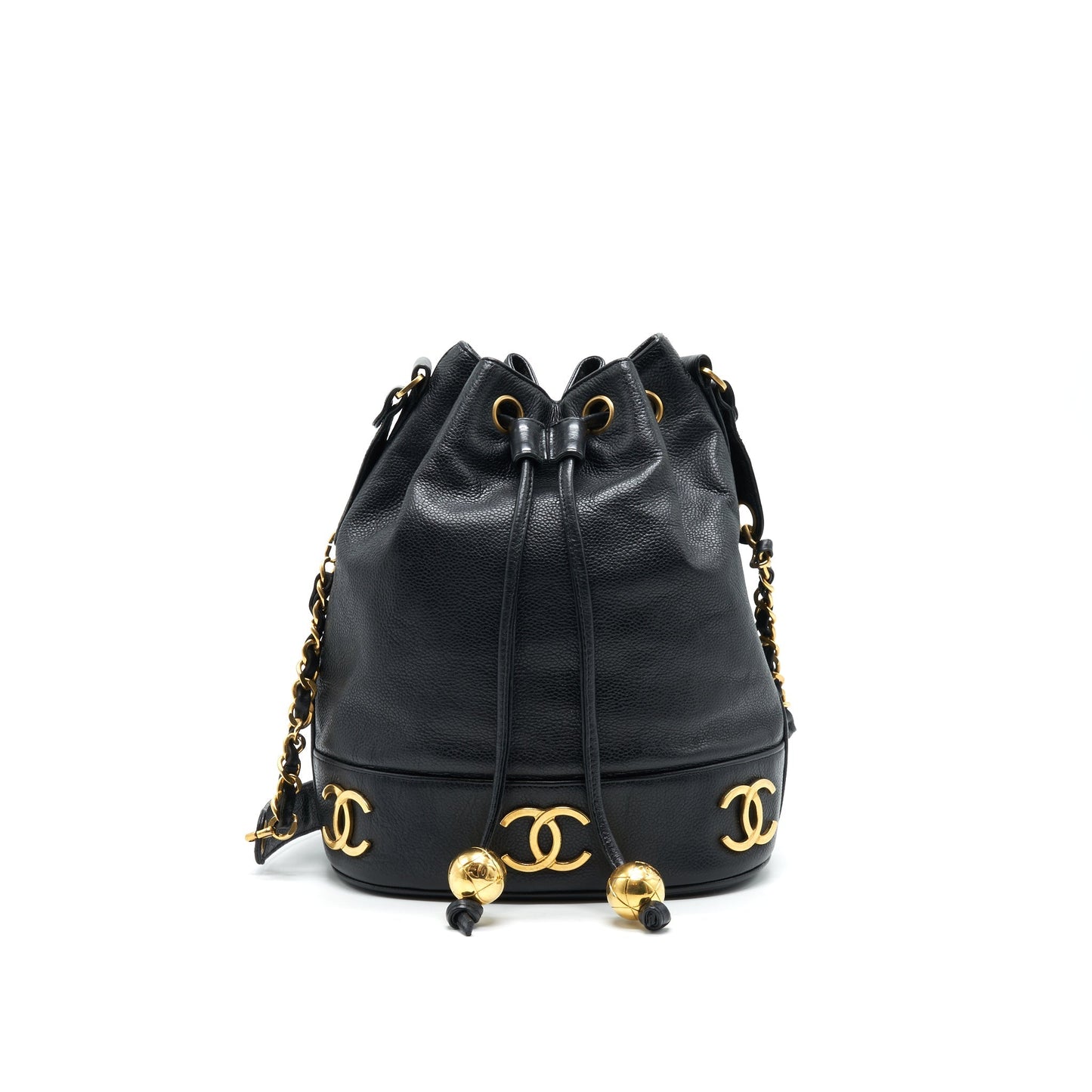 CHANEL  CC Logo Pearl Crush Caviar Bucket Bag Black
