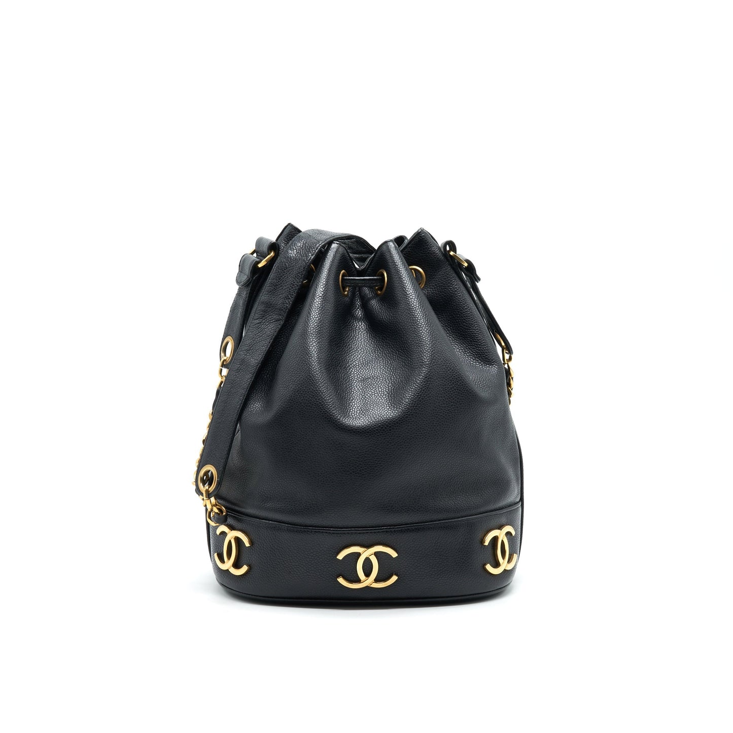 CHANEL  CC Logo Pearl Crush Caviar Bucket Bag Black