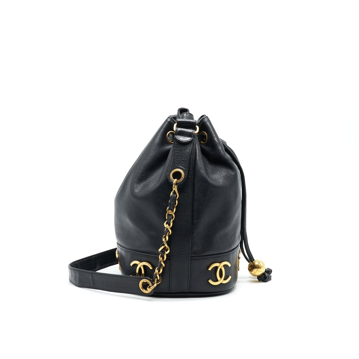 CHANEL  CC Logo Pearl Crush Caviar Bucket Bag Black