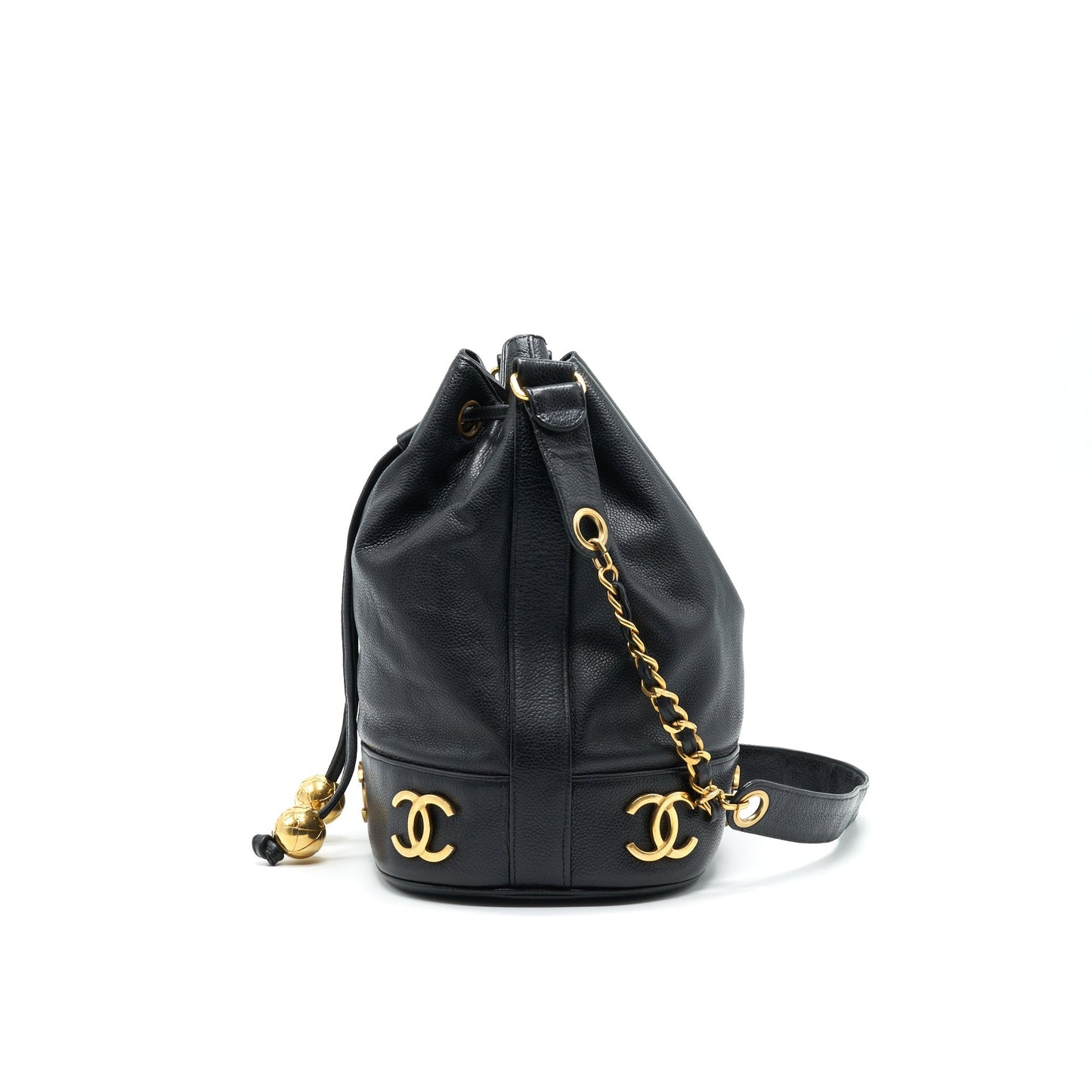CHANEL  CC Logo Pearl Crush Caviar Bucket Bag Black