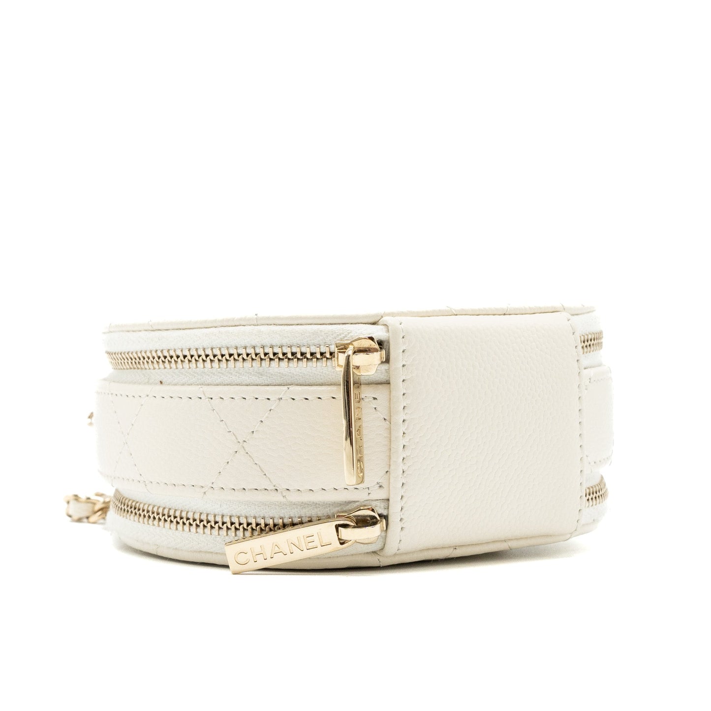 Chanel Top Handle Mini Round Vanity with Chain Caviar White L