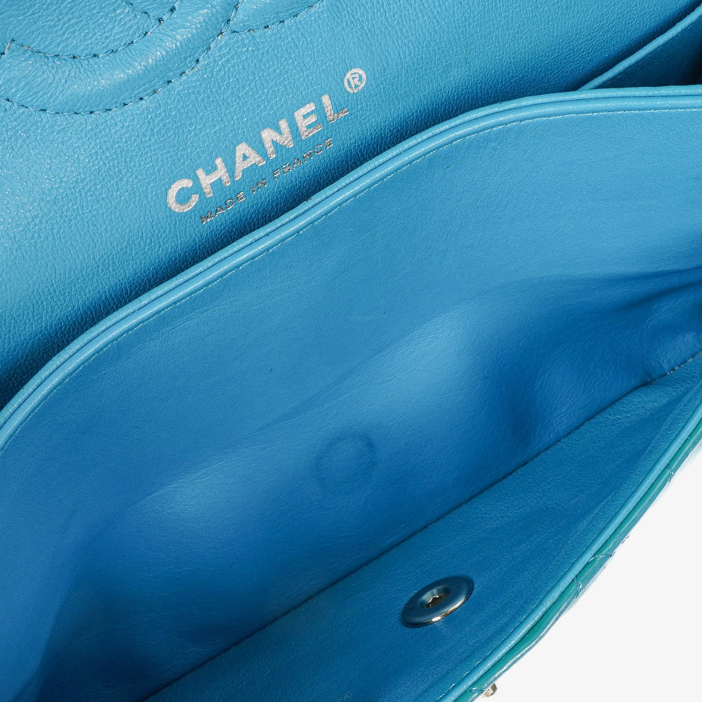 Chanel Medium Clasic Double Flap Blue Patent Quilted Leather With Silver-tone Hardware