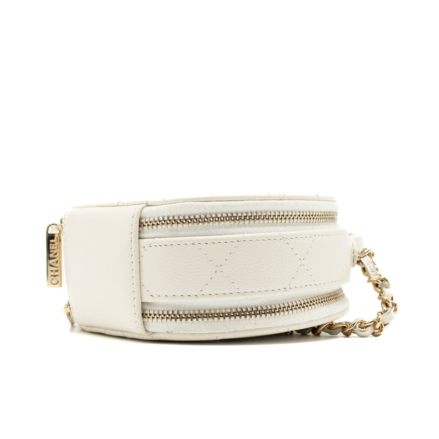 Chanel Top Handle Mini Round Vanity with Chain Caviar White L