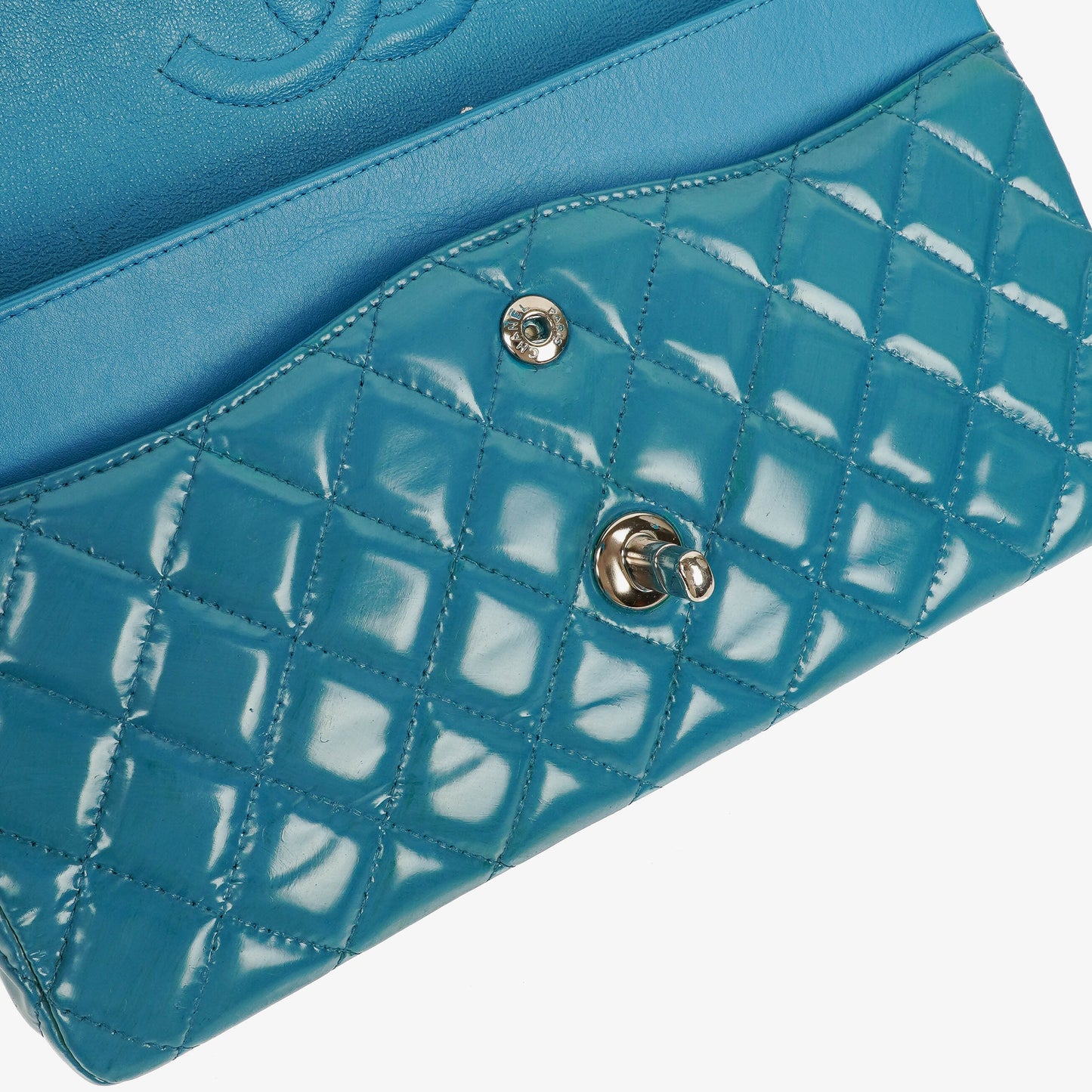 Chanel Medium Clasic Double Flap Blue Patent Quilted Leather With Silver-tone Hardware