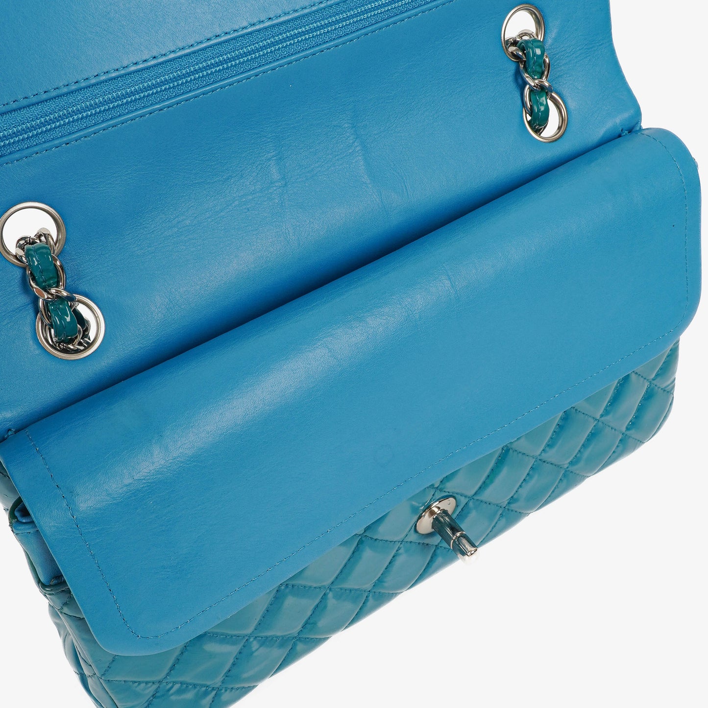 Chanel Medium Clasic Double Flap Blue Patent Quilted Leather With Silver-tone Hardware