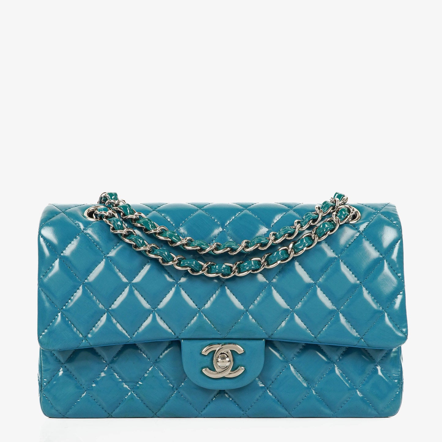Chanel Medium Clasic Double Flap Blue Patent Quilted Leather With Silver-tone Hardware