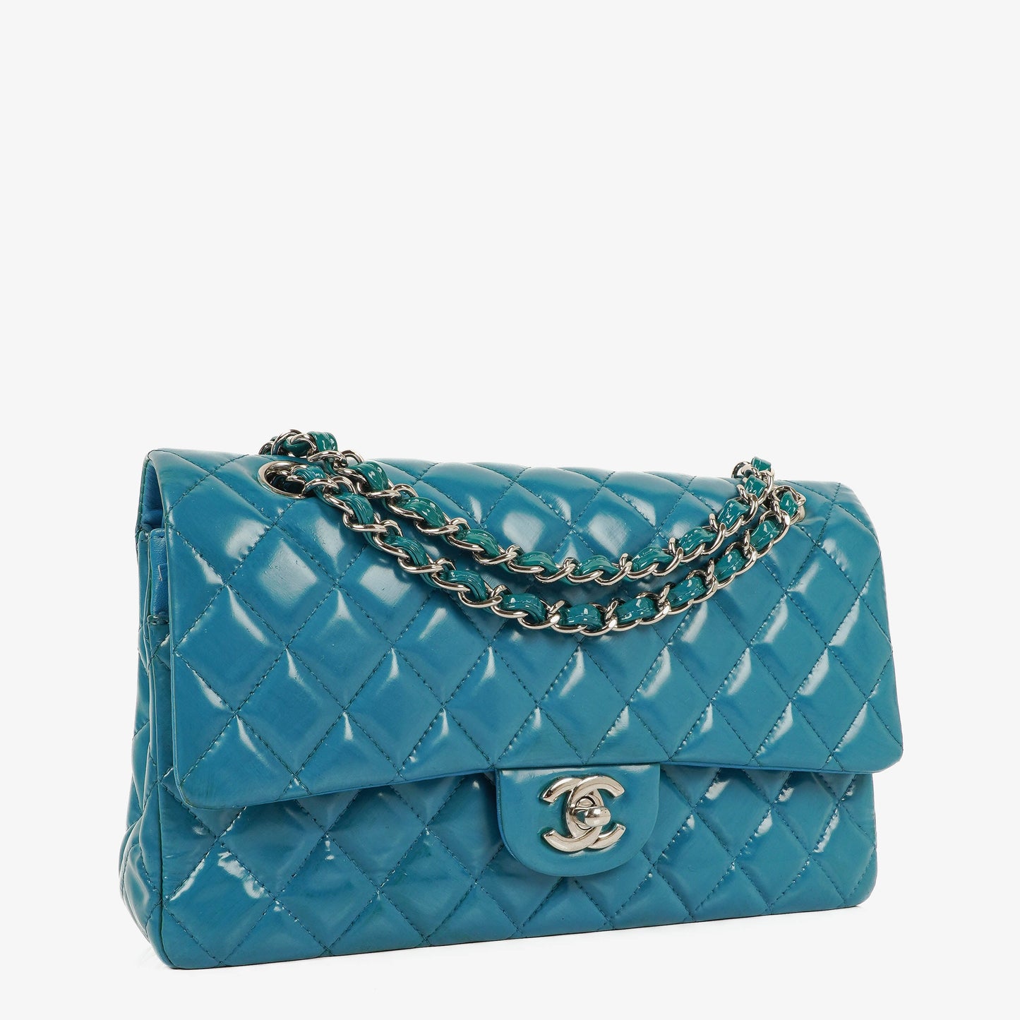 Chanel Medium Clasic Double Flap Blue Patent Quilted Leather With Silver-tone Hardware