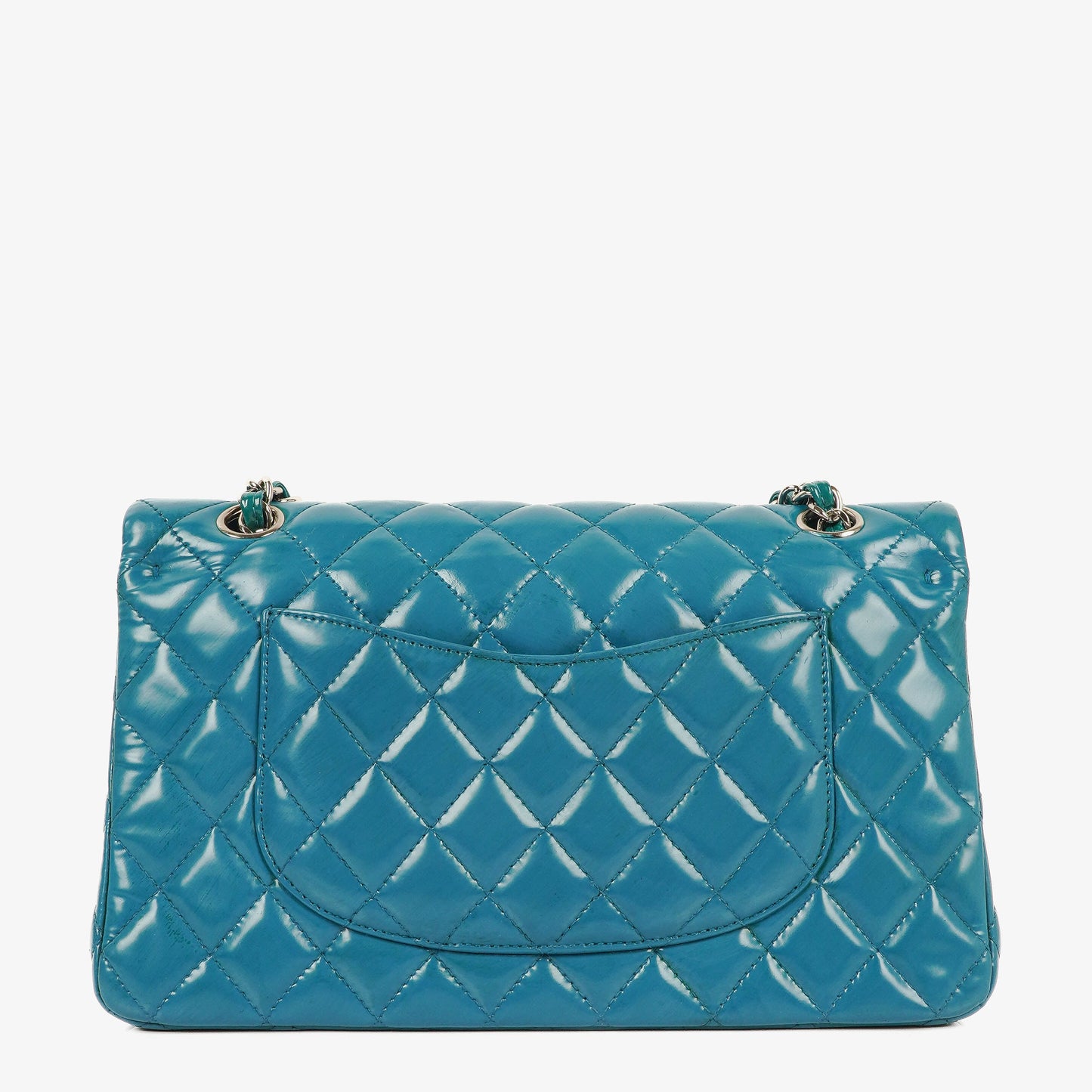Chanel Medium Clasic Double Flap Blue Patent Quilted Leather With Silver-tone Hardware
