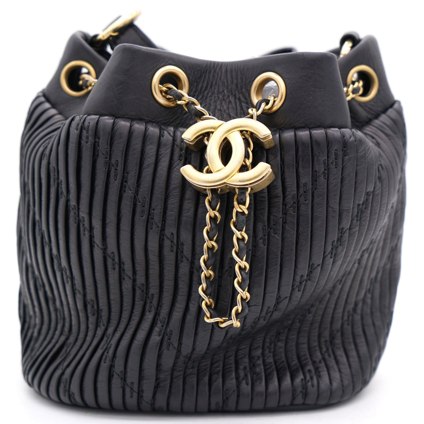 Chanel Black Pleated Leather CC Drawstring Bucket Bag