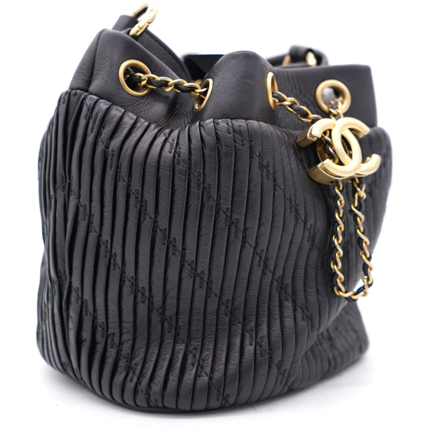 Chanel Black Pleated Leather CC Drawstring Bucket Bag