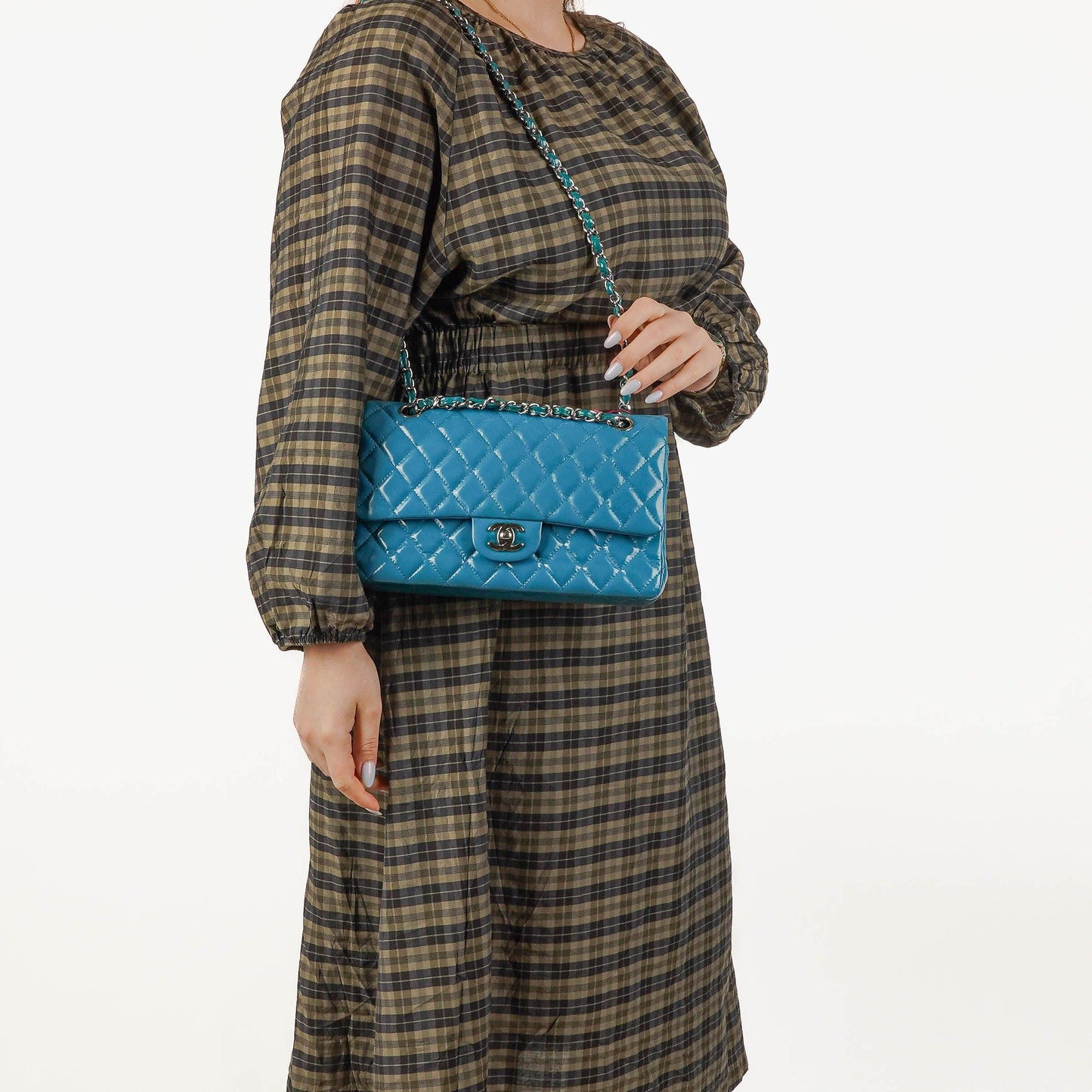 Chanel Medium Clasic Double Flap Blue Patent Quilted Leather With Silver-tone Hardware