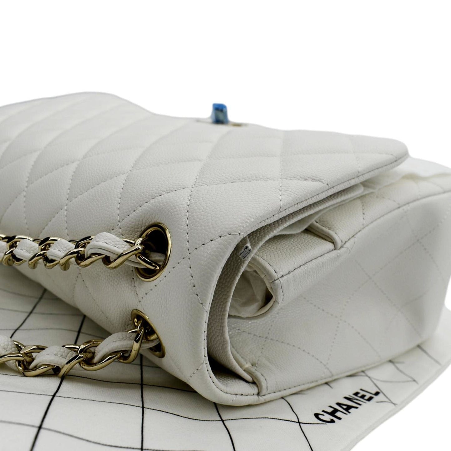 CHANEL Jumbo Double Flap Quilted Caviar Leather Shoulder Bag White