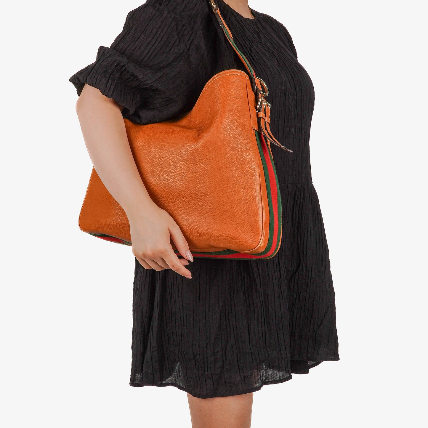 Gucci Web Striped Brown Lerahter Hobo Bag