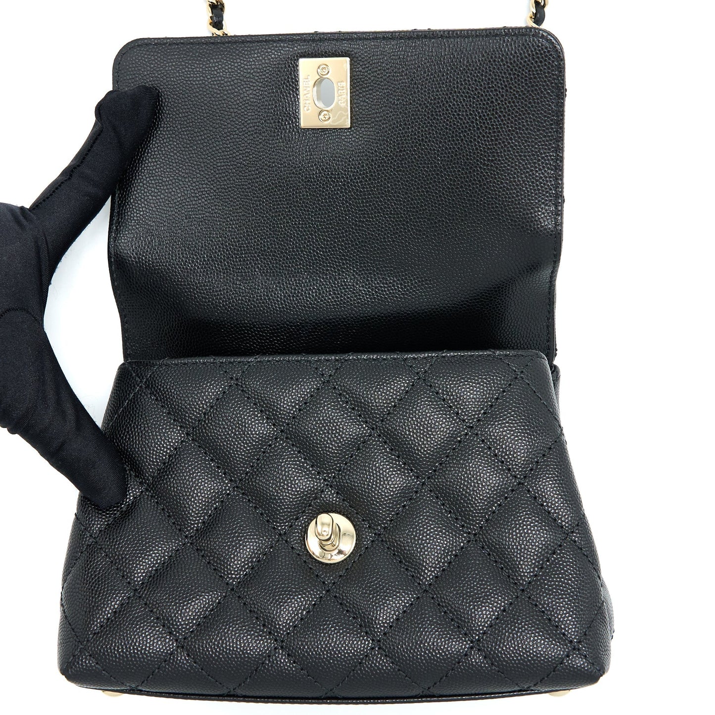 Chanel Mini Coco Handle Bag With Dark Red Handle Caviar Black L(Microchip)