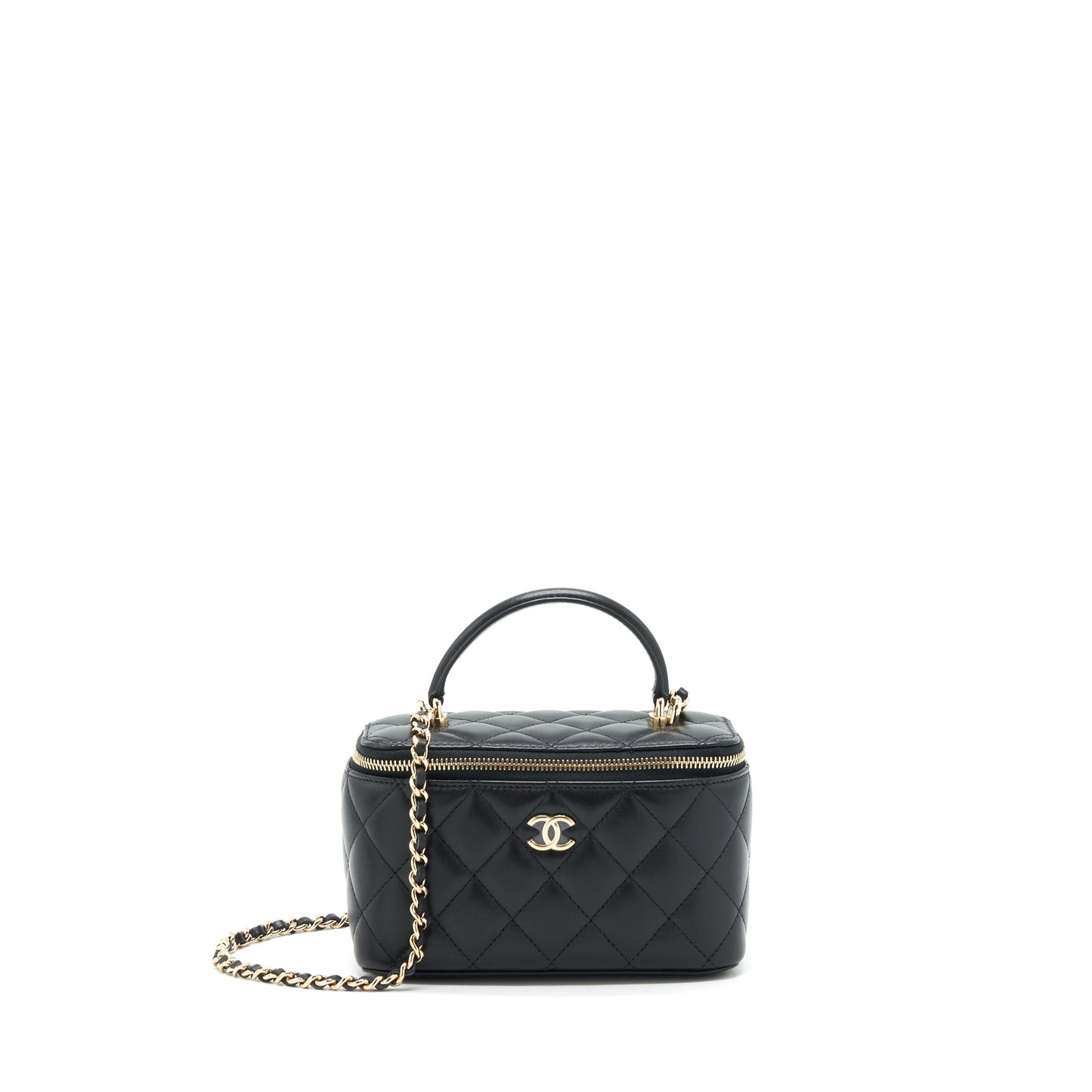 Chanel Top Handle Long Vanity With Chain Lambskin Black L