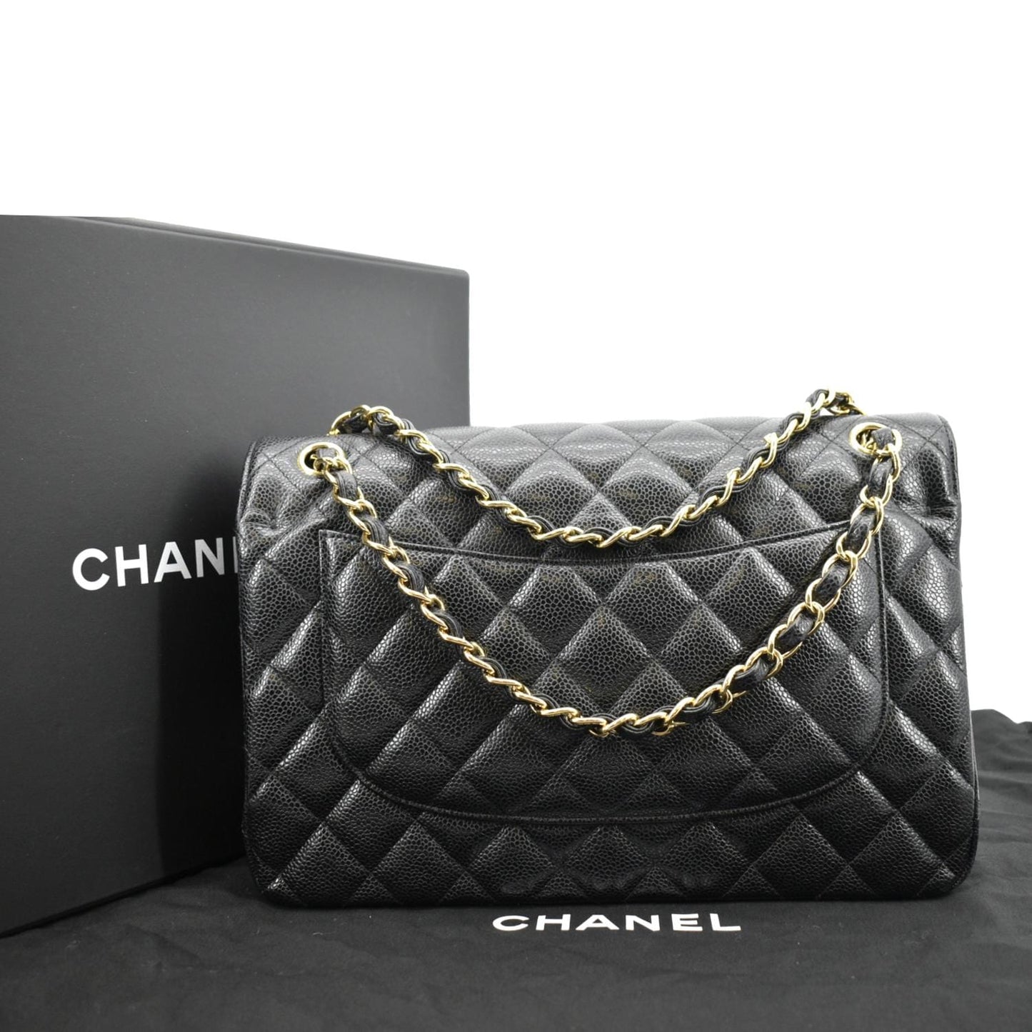 CHANEL Classic Jumbo Double Flap Quilted Caviar Leather Shoulder Bag Black