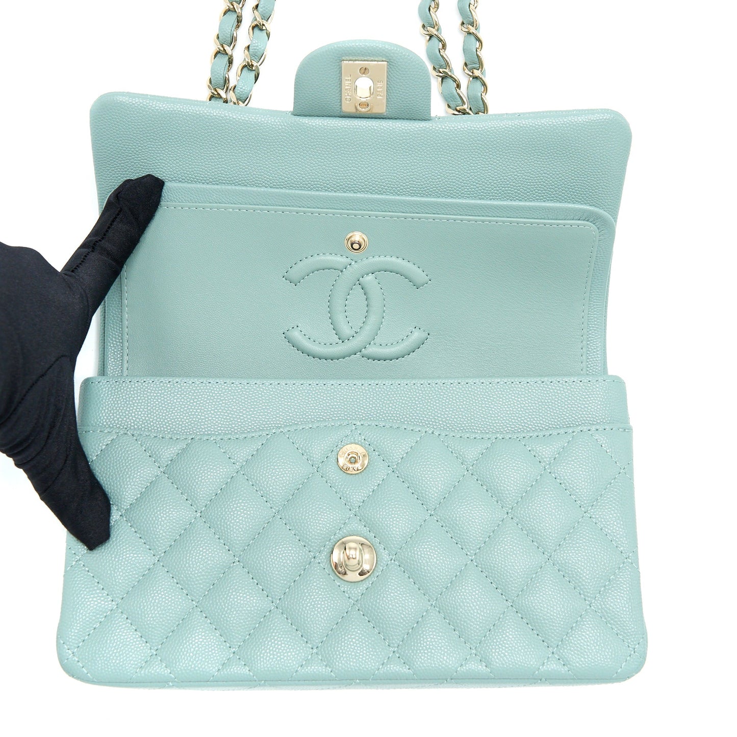 Chanel 22C Small Classic Double Flap Bag Caviar NG124 Greyish Green L (Microchip)