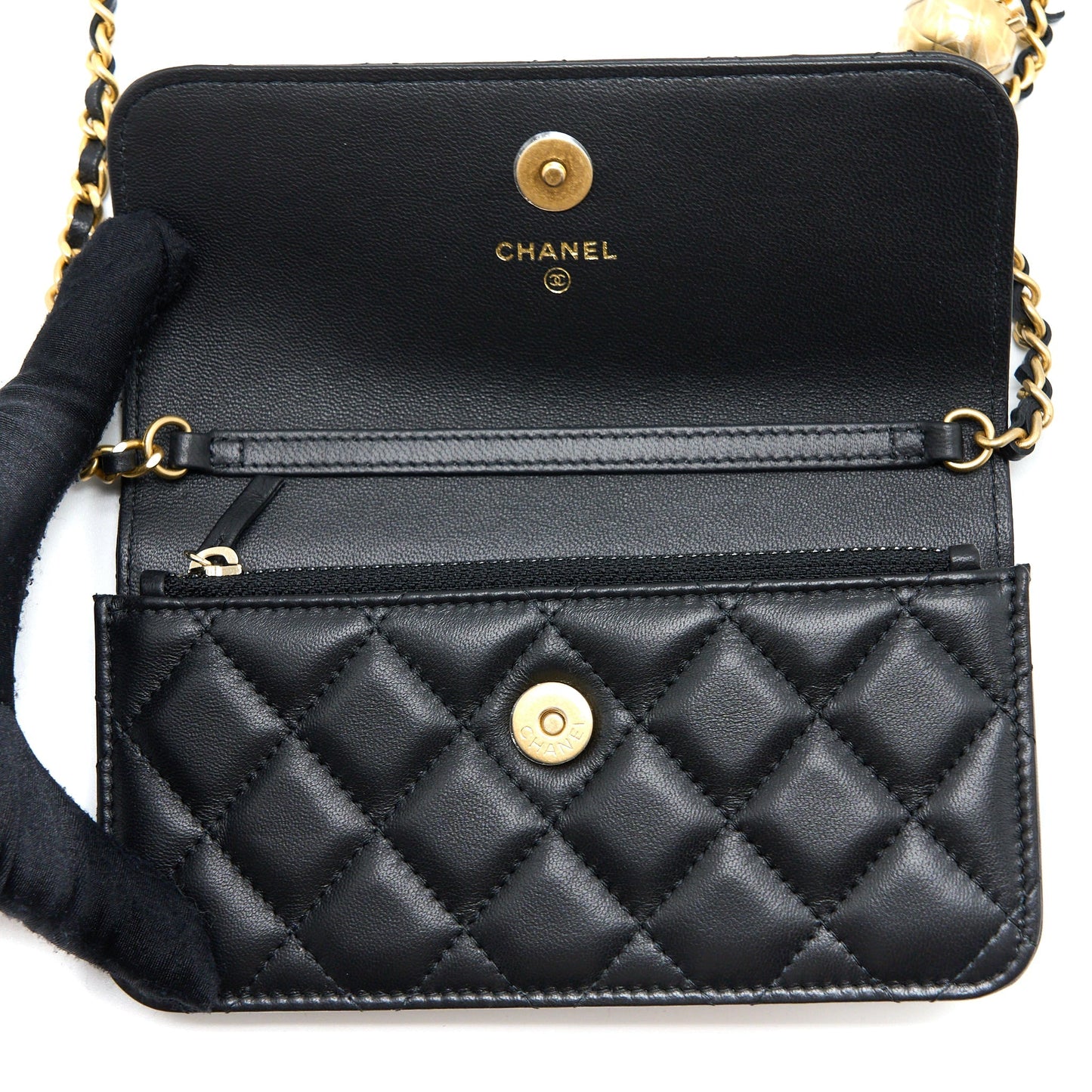 Chanel Pearl Crush Mini Wallet On Chain Lambskin Black Brushed  (Microchip)