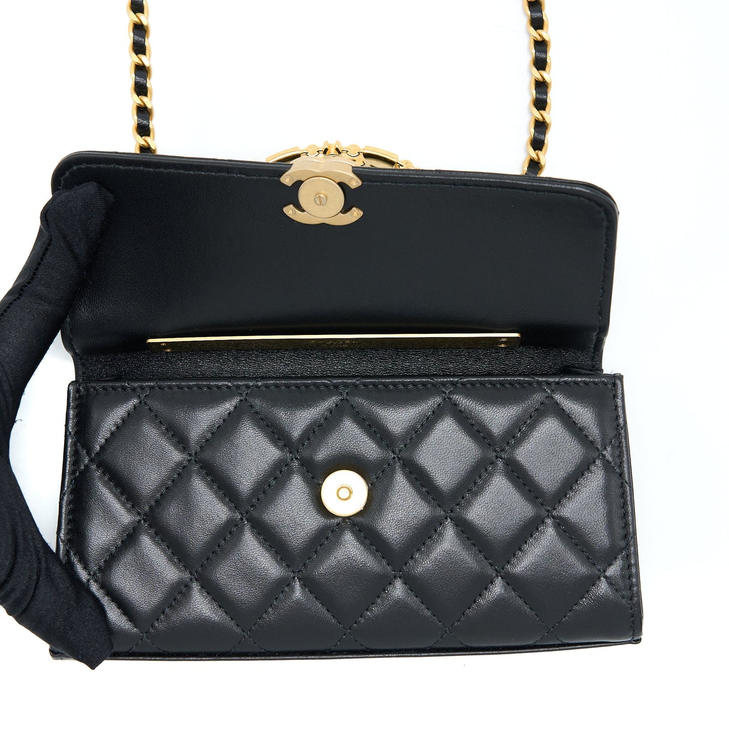Chanel 22B Flap Bag With Enamel Top Handle Lambskin Black