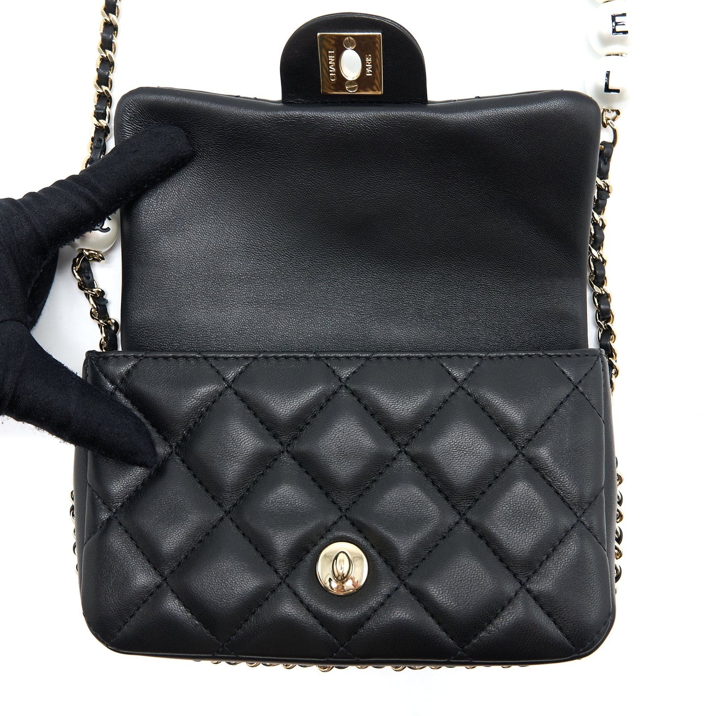 Chanel Pearl Chain Flap Bag Quilted Lambskin Black L