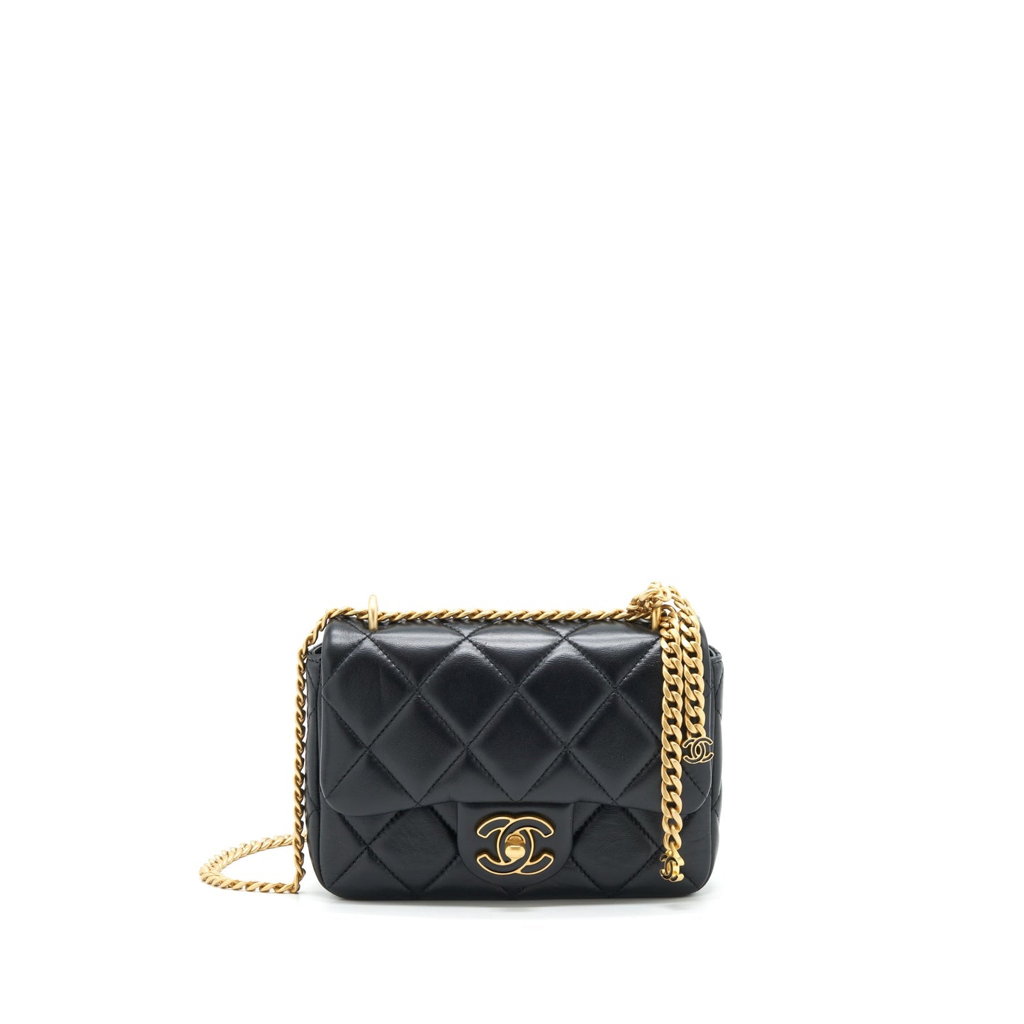 Chanel 22P Mini Square Flap Bag Lambskin Black Gold/Black Hardware