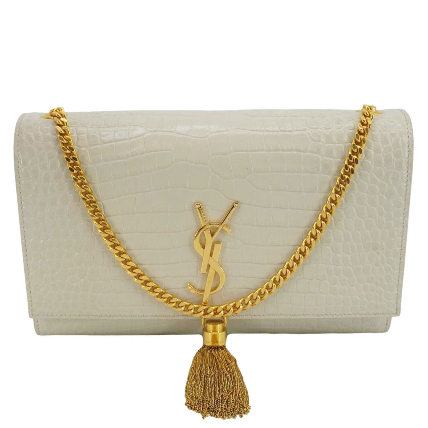 YVES SAINT LAURENT Kate Tassel Medium Crocodile Embossed Leather Crossbody Bag White