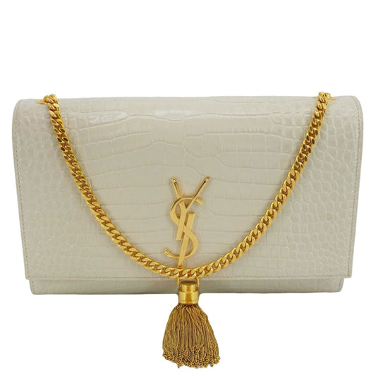 YVES SAINT LAURENT Kate Tassel Medium Crocodile Embossed Leather Crossbody Bag White