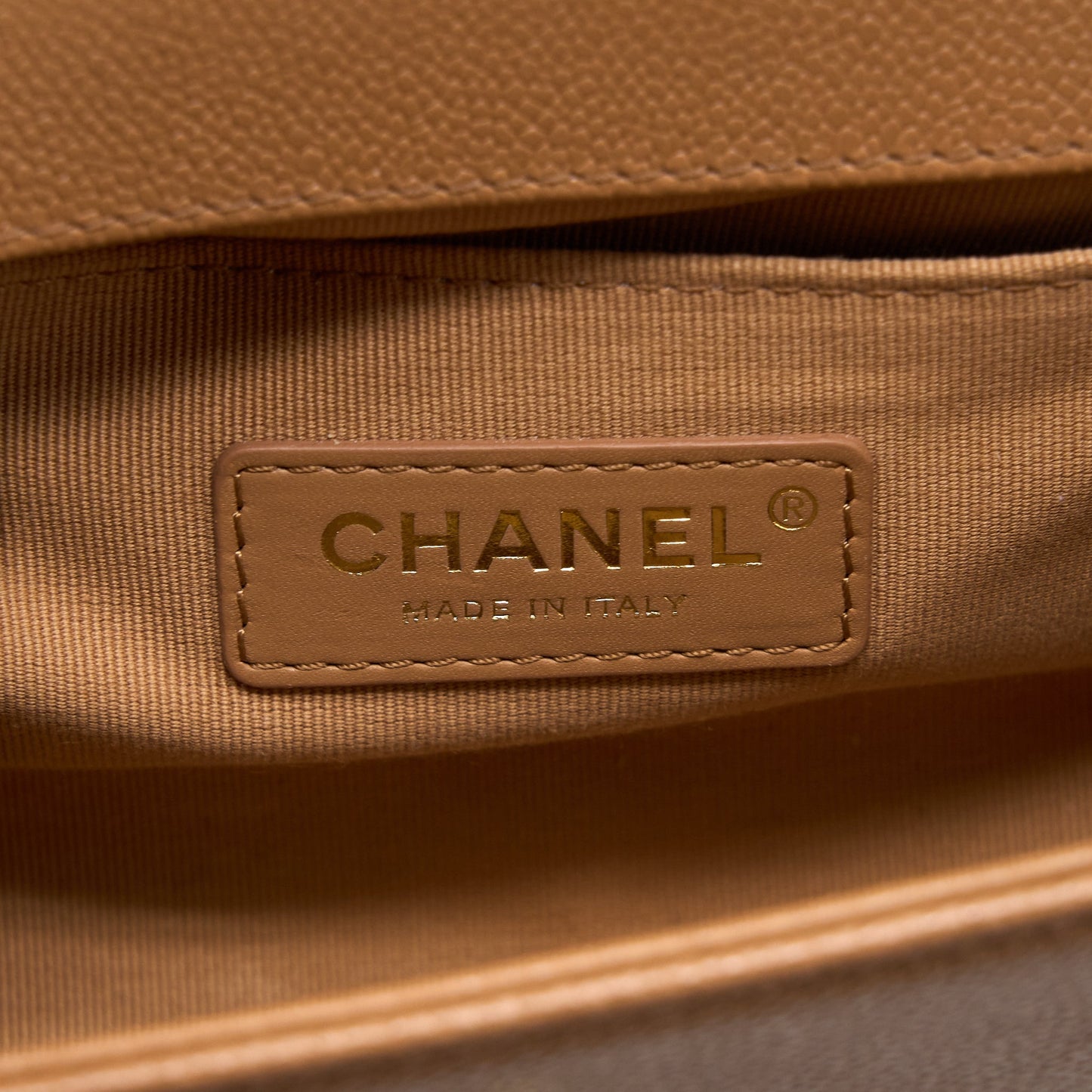 Chanel 21K Small Boy Bag Caviar Camel L (Microchip)