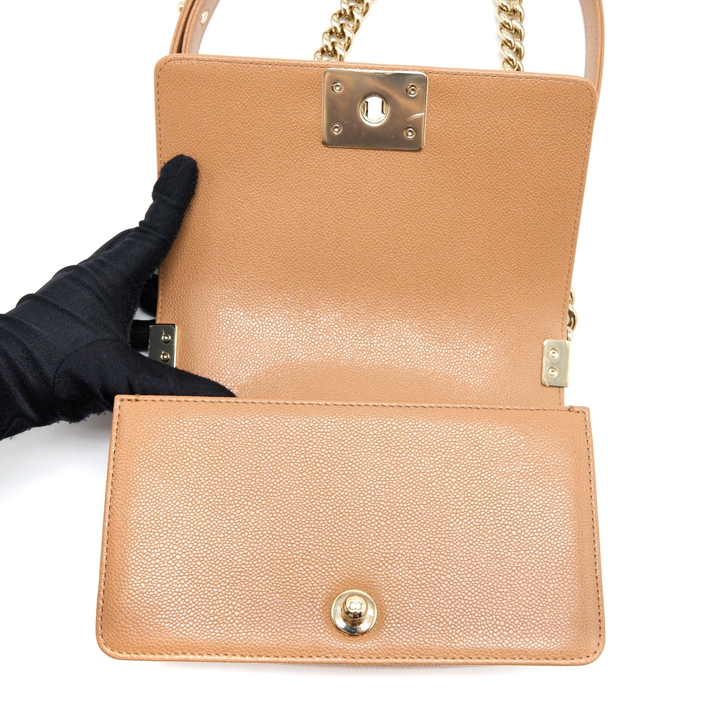Chanel 21K Small Boy Bag Caviar Camel L (Microchip)