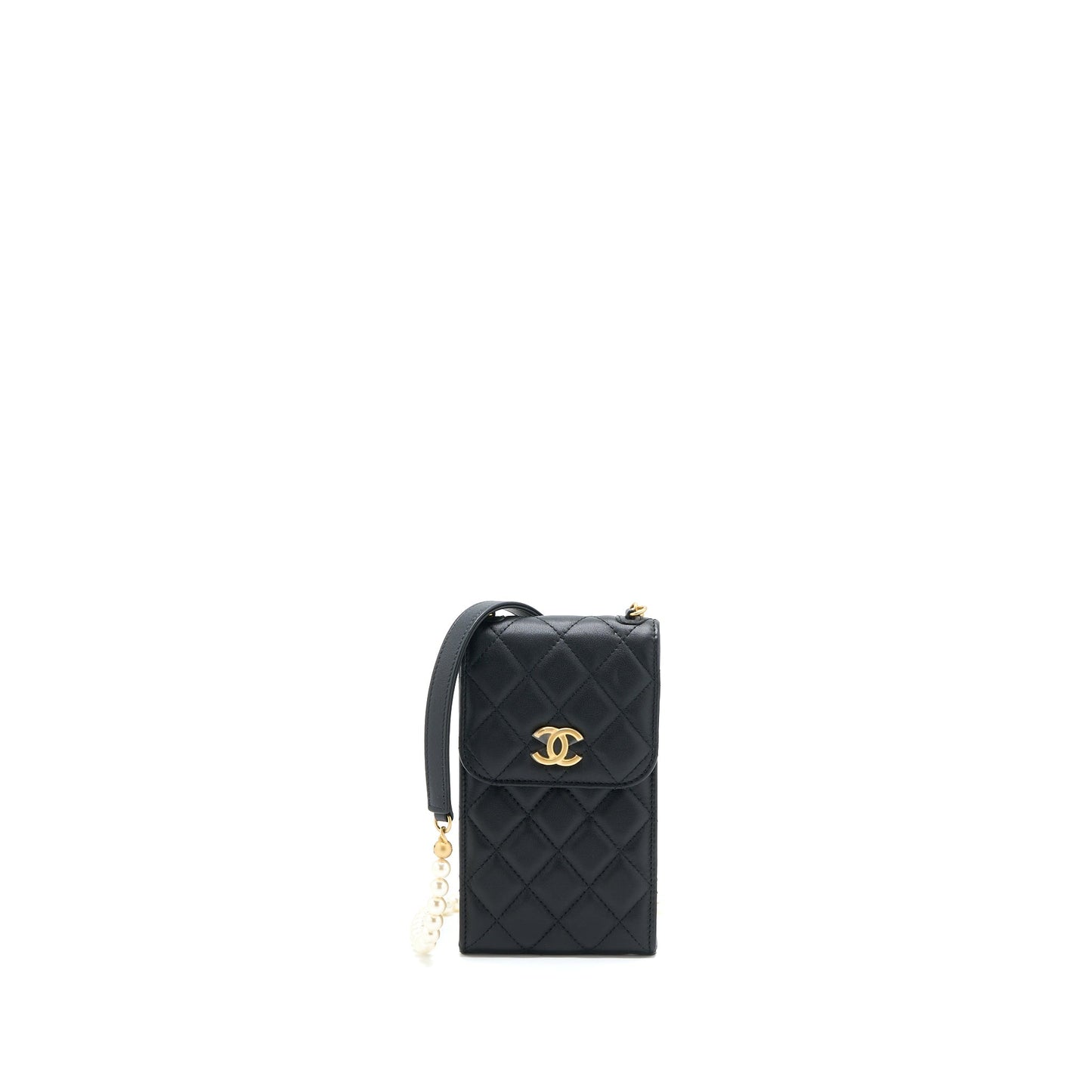 Chanel Vertical Flap Phone Pouch with Pearl Chain Lambskin Black Brushed