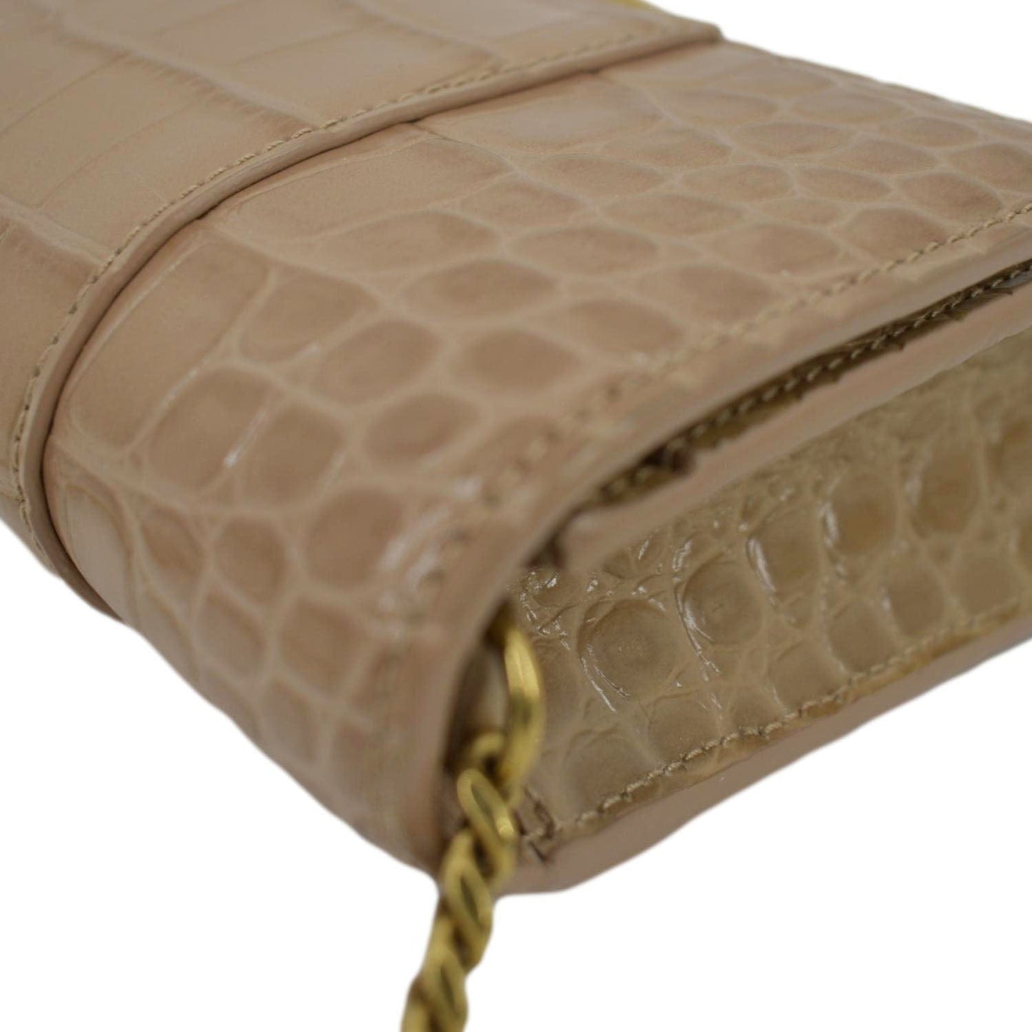 BALENCIAGA Hourglass Crocodile Embossed Leather Chain Shoulder Bag Light Brown