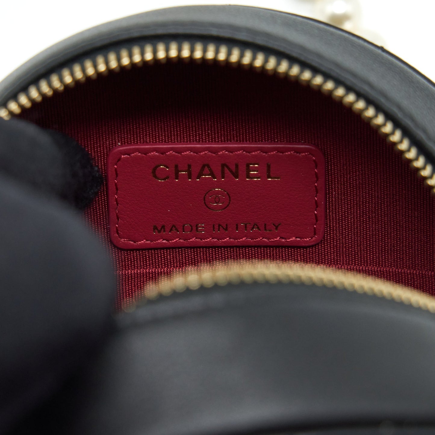 Chanel Pearl Round Clutch With Chain Calfskin Black