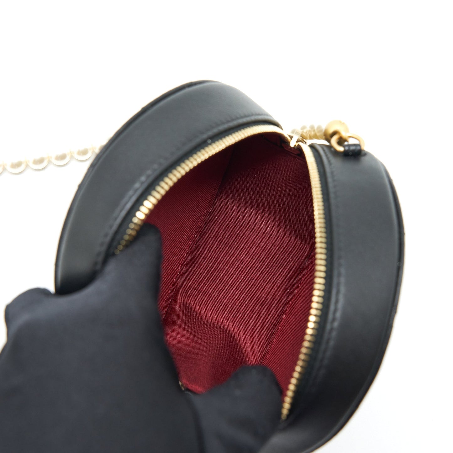Chanel Pearl Round Clutch With Chain Calfskin Black