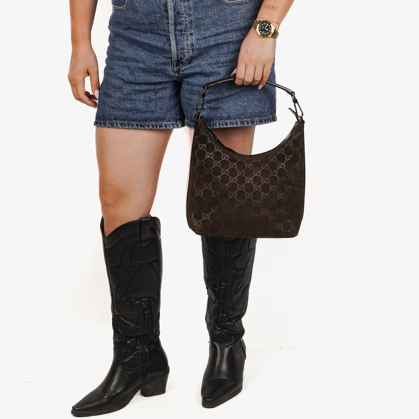 Gucci GG Monogram Brown Suede Hobo Bag