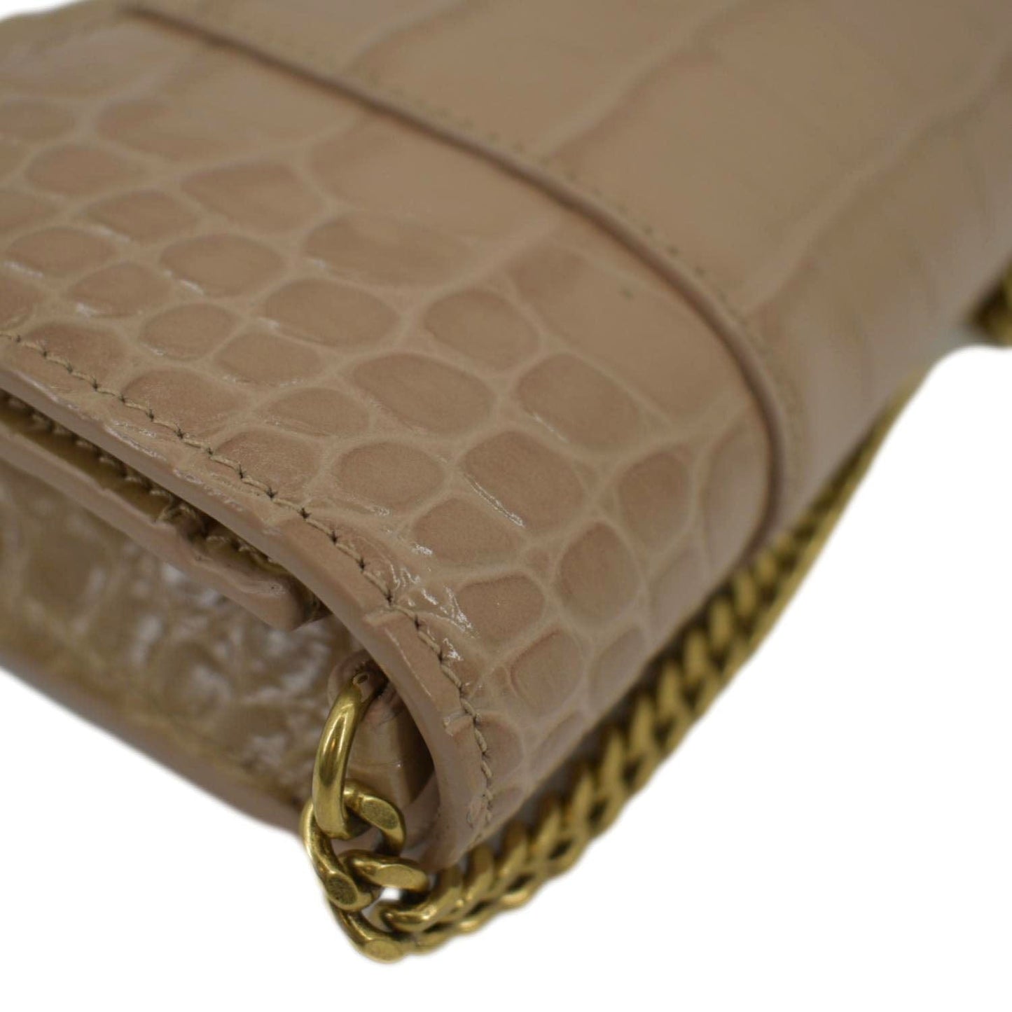 BALENCIAGA Hourglass Crocodile Embossed Leather Chain Shoulder Bag Light Brown