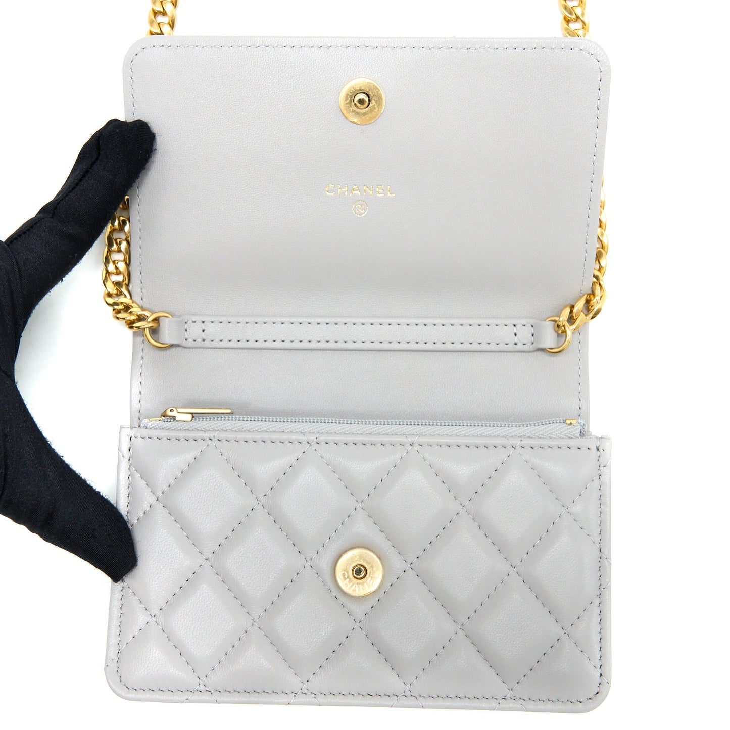 Chanel Mini Square Wallet on Chain with Gem Chains Lambskin Light Grey L
