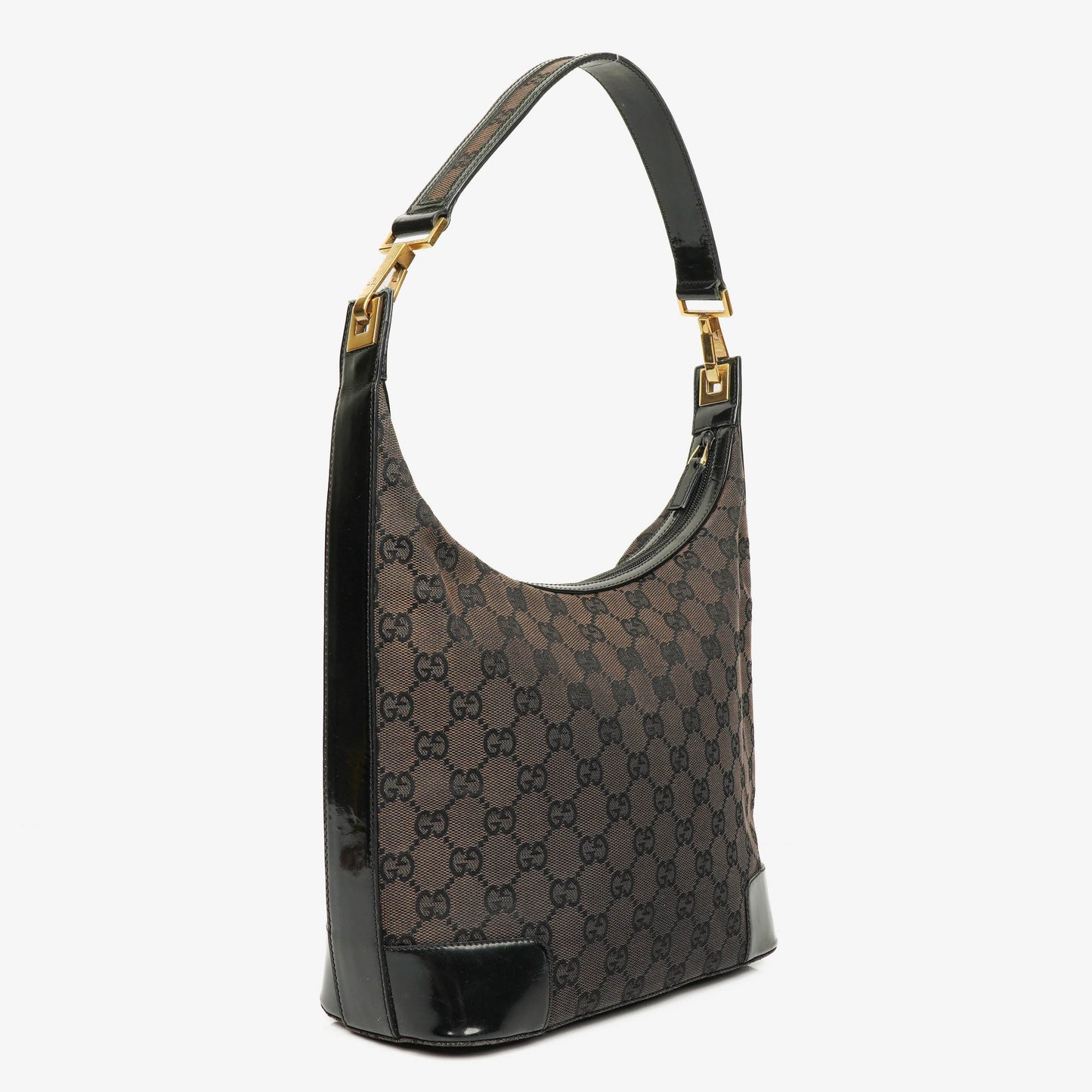 Gucci Monogram Canvas And Patent Leather Hobo Shoulder Bag