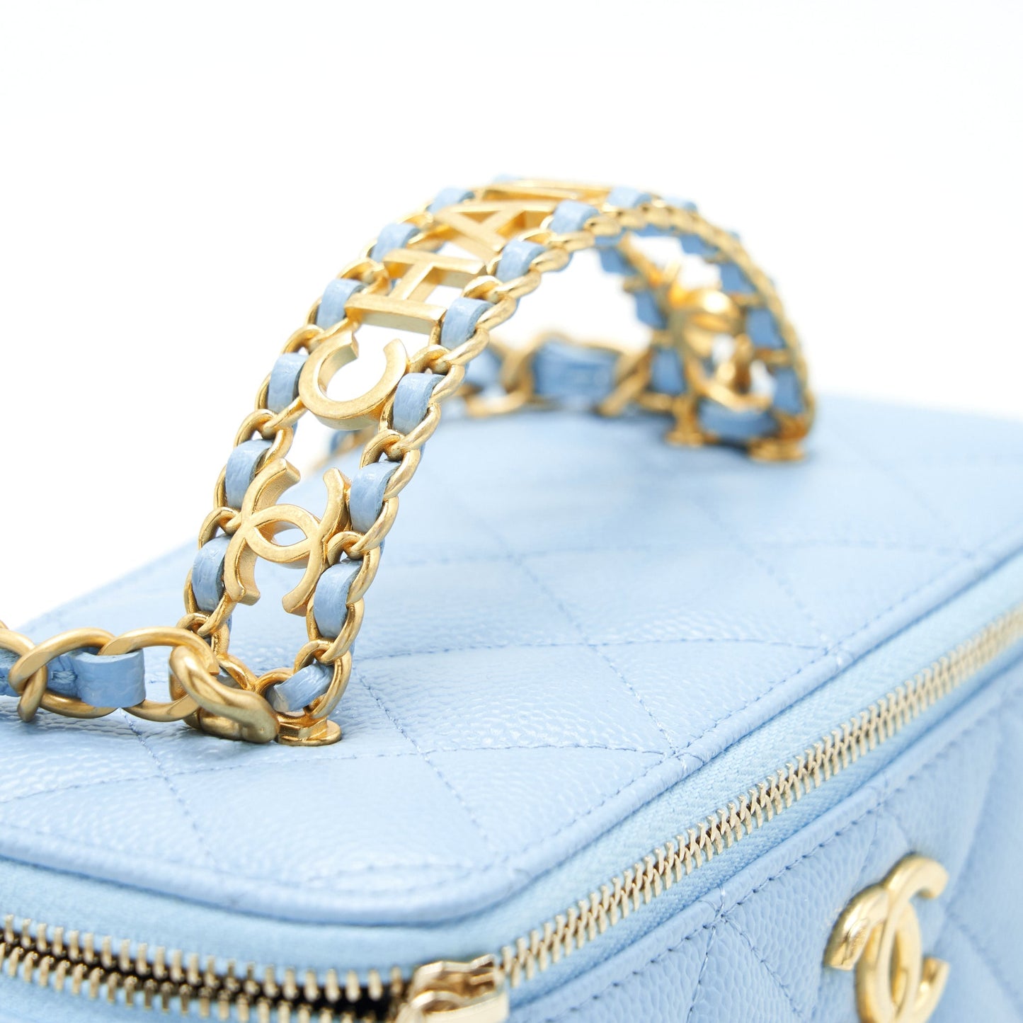 Chanel 22S Long Vanity Case With Letter Handle Caviar Light Blue
