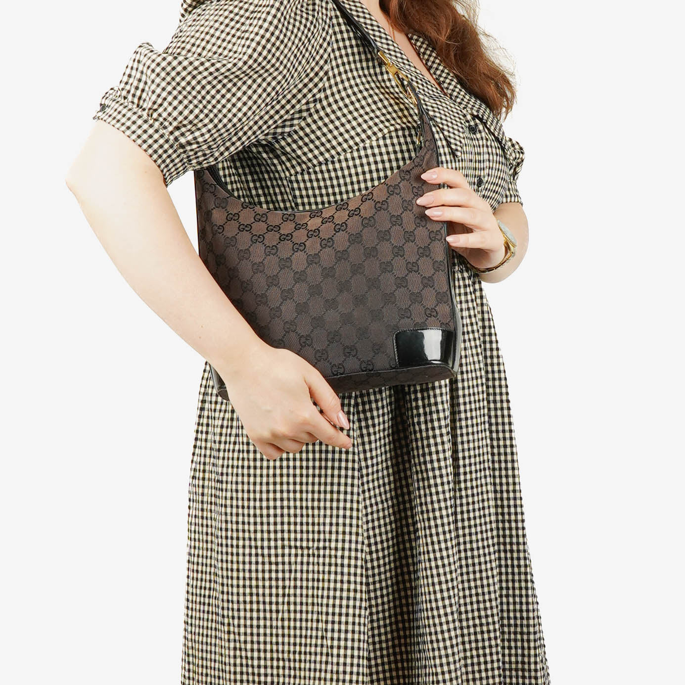 Gucci Monogram Canvas And Patent Leather Hobo Shoulder Bag